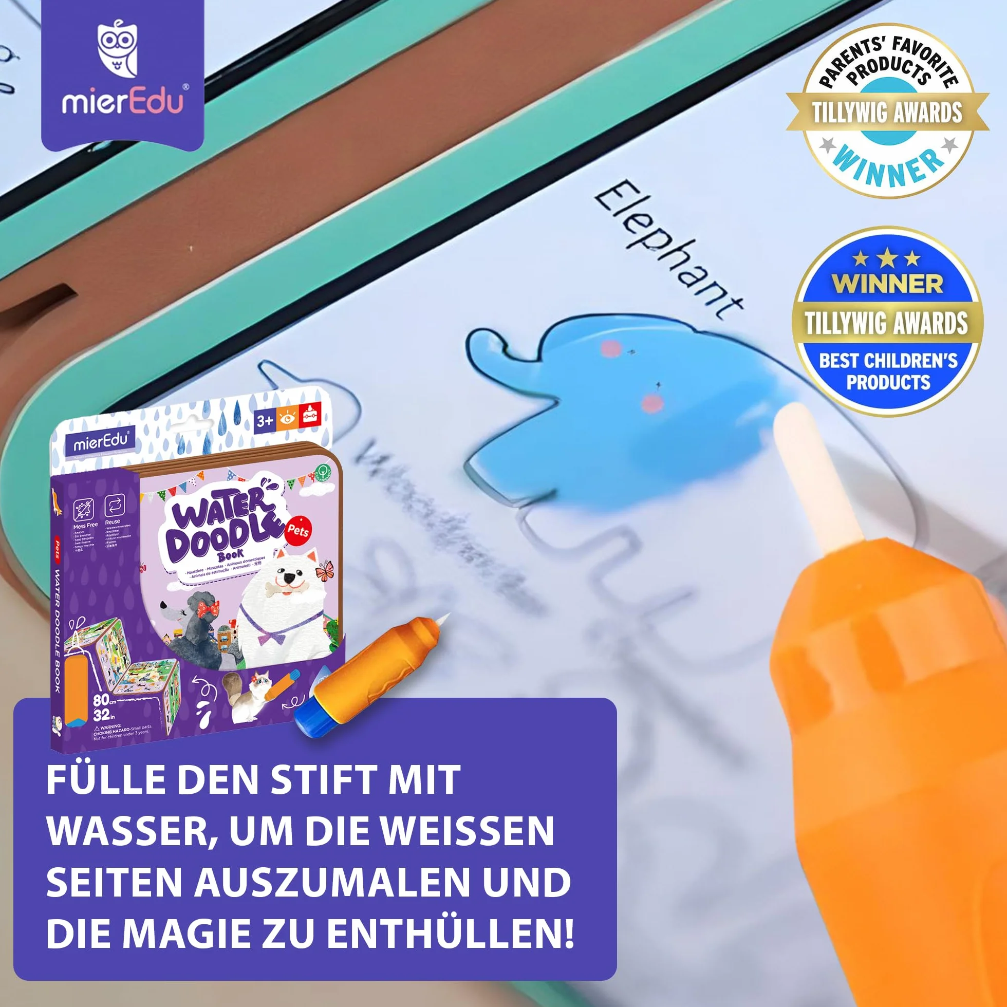 mierEdu Magiczna kolorowanka wodna – czarodziejska kolorowanka dla dzieci od 3 lat z pisakiem wodnym – kolorowanka dla zwierząt domowych, malowanie wodą bez plam – zwierzęta Water Doodle zabawka do