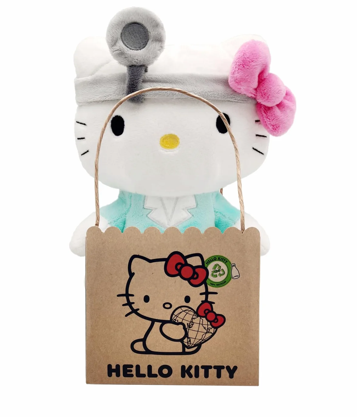 Hello Kitty Doctor Eco Plush 24 cm w kartonowych torebkach wielokrotnego użytku – plusz jest wykonany w 100% z butelek PET pochodzących z recyklingu