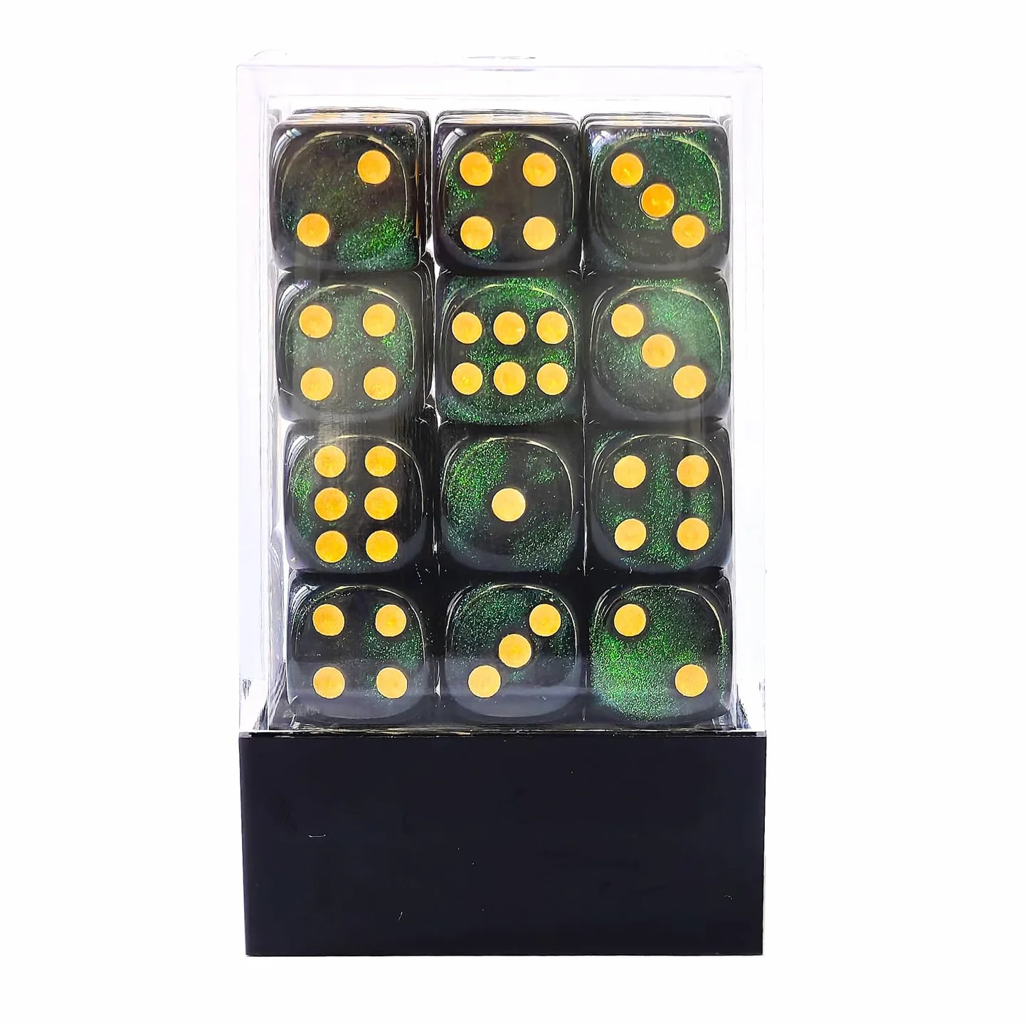 Bescon Moonstone Zestaw 36 kości z 6 licami, kamień księżycowy, 91,4 cm, kości D6 z zielonymi cekinami, 36 szt., sześciokrotne matryce 12 mm, 36 szt