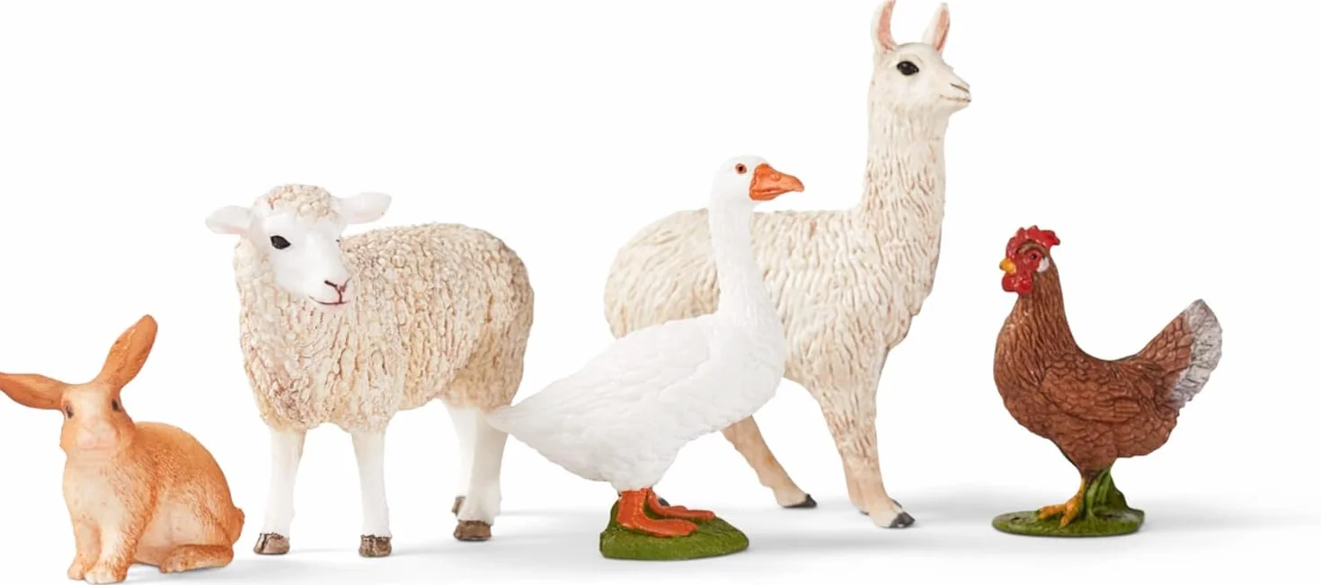 schleich FARM WORLD | Zestaw zwierząt z farmy 77536 z królikiem, gęsią, kurą, owcą i lamą | zabawka farmerska od 3 lat | szczegółowy zestaw 5-częściowy | tylko w Amazon