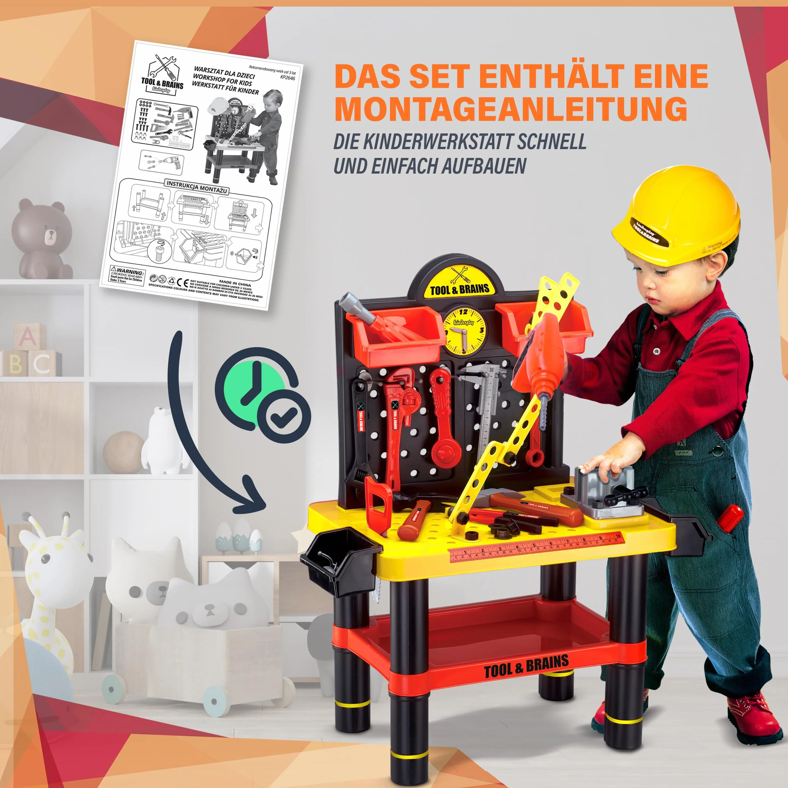 Kinderplay Warsztat dla Dziecka - warsztat dla dzieci, zestaw majsterkowicza z wiertarką i kaskiem, KP2646