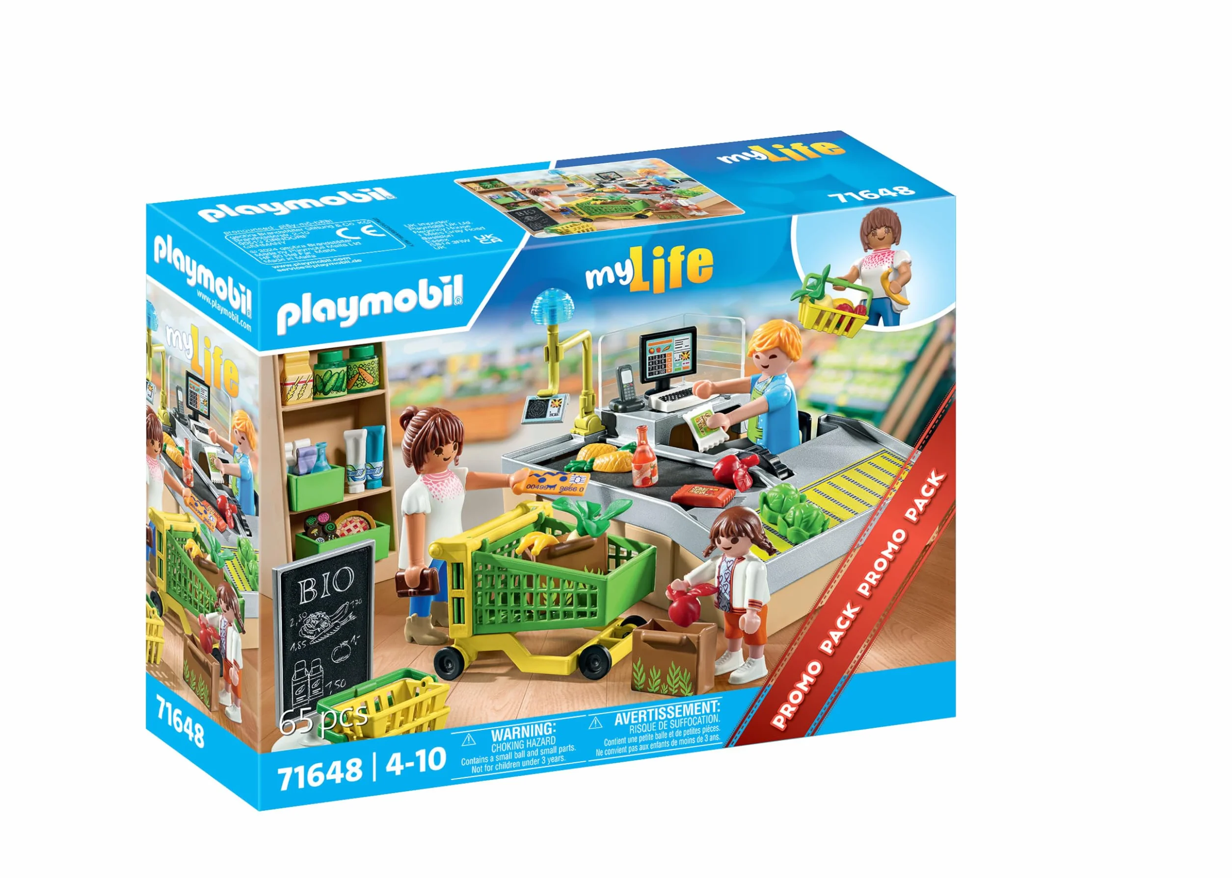 PLAYMOBIL MyLife Promo Pack 71648 Ekologiczny supermarket, zestaw z serii Promo Packs, w zestawie kasa sklepowa z taśmą, wózek na zakupy oraz trzy figurki, zestaw odpowiedni dla dzieci od 4 roku życia