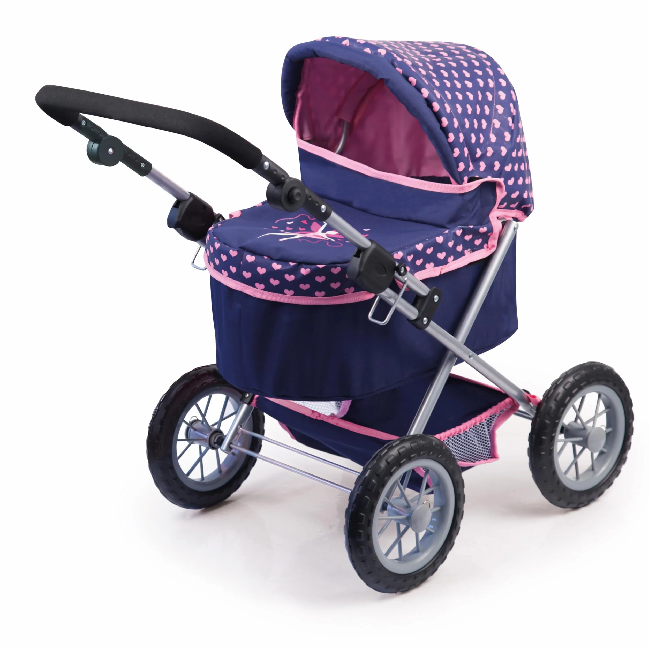 Bayer Design 13052AA Wózek dla lalek Trendy z torbą, regulowaną rączką, składany, zintegrowanym koszem, dużymi kołami, dla chłopców i dziewczynek od 3 lat