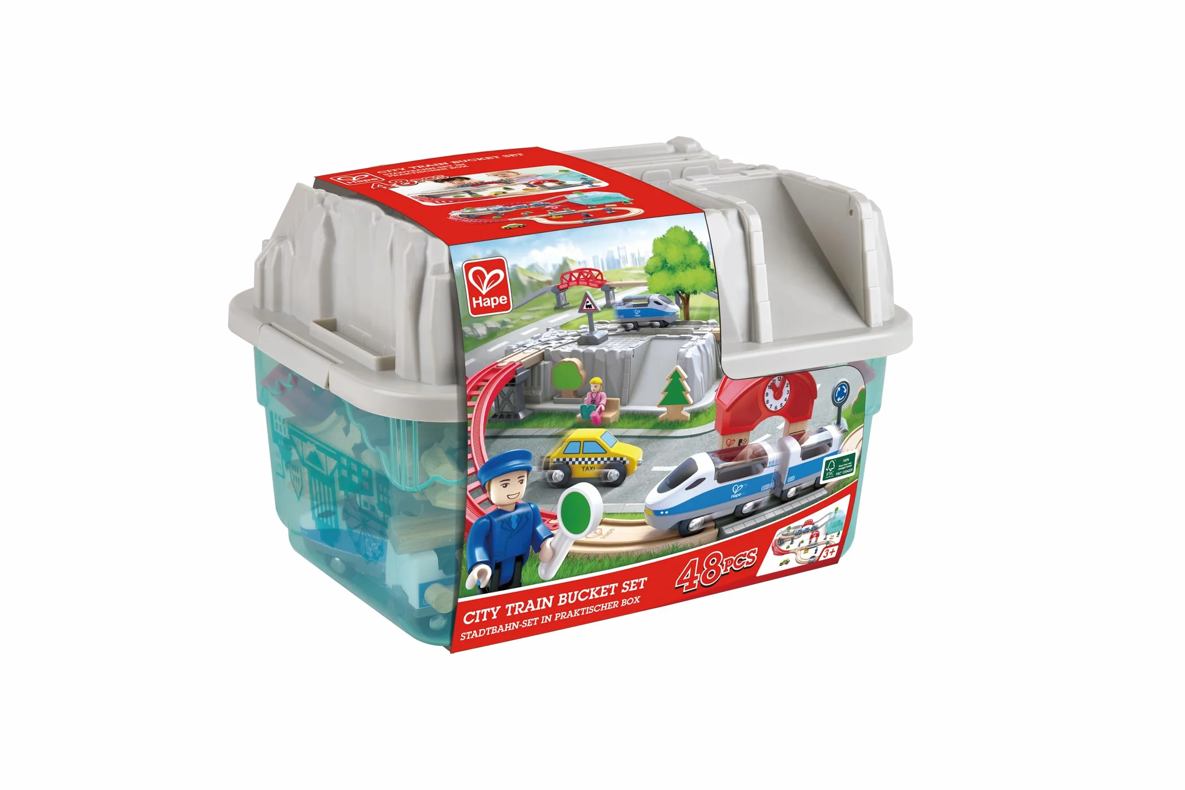 Hape Eisenbahnwelt zestaw do zabawy z pudełkiem do przechowywania, 48 części, na 3 lata
