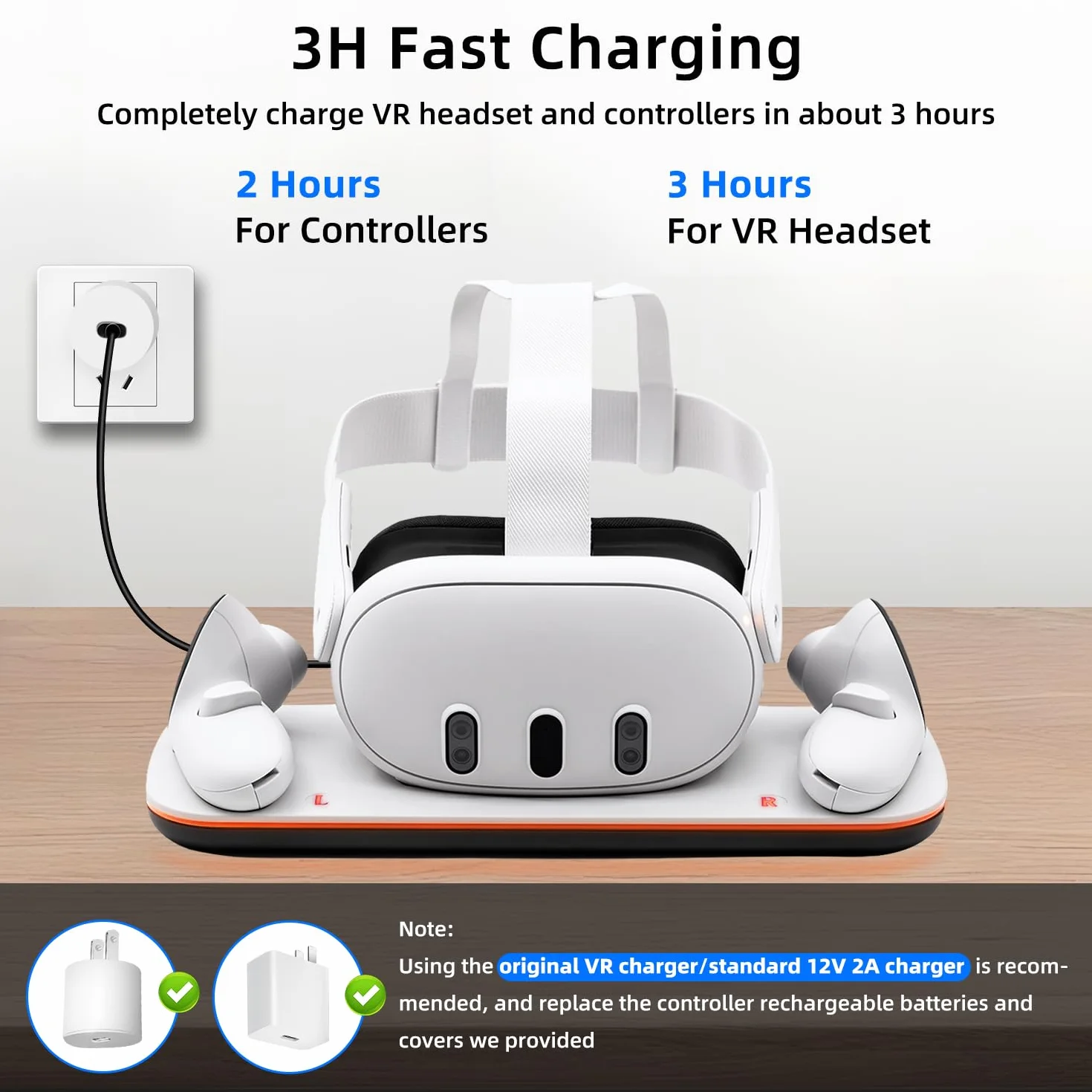 Mcbazel Controller Charging Dock for Q3/3S, VR Charging Station with LED Light for Q3/3S, Charger Display Stand with 2 * 600 mAh Rechargeable Batteries, Type-C Charging Cable - White