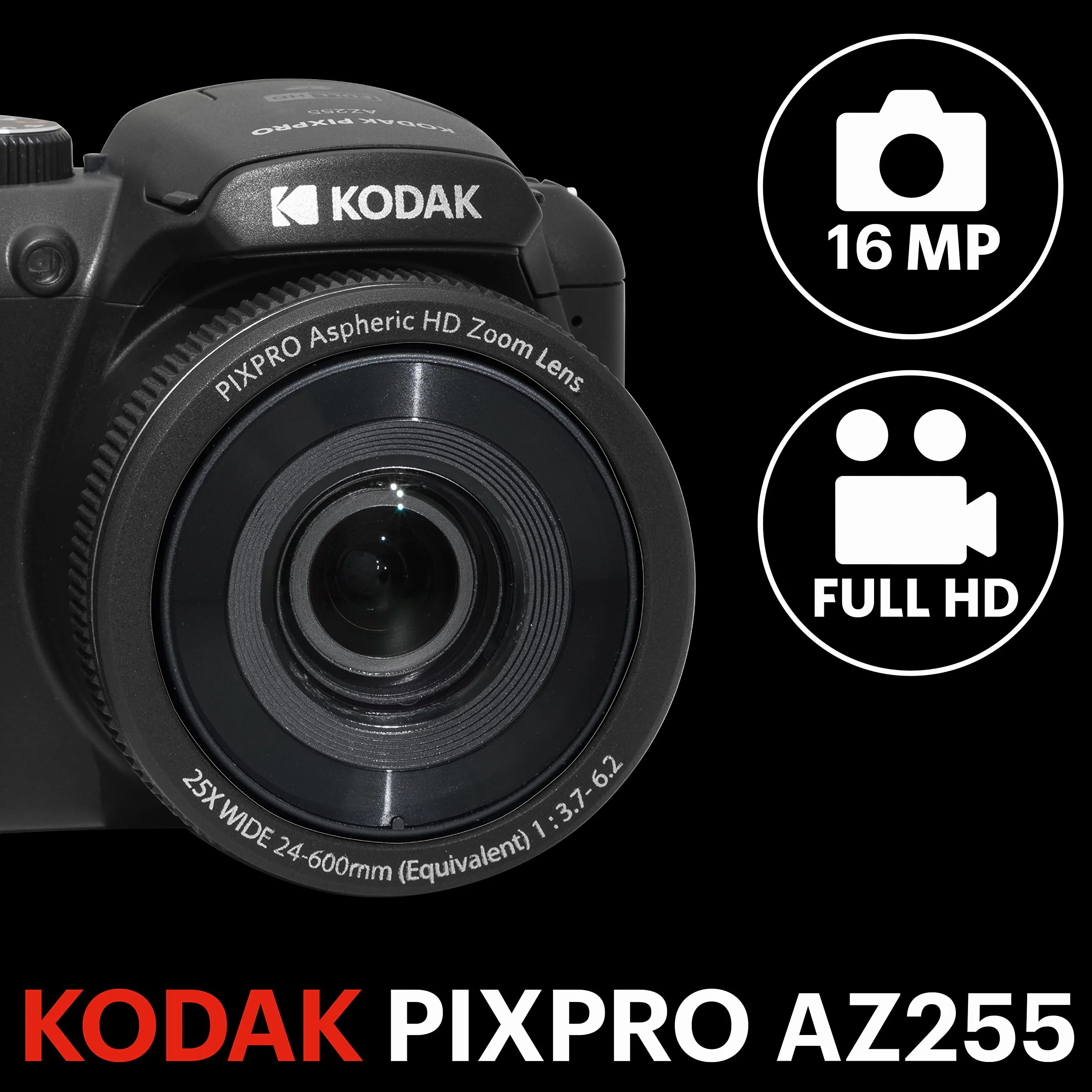 KODAK Pixpro Astro Zoom AZ255 + karta pamięci SD 32 GB - aparat cyfrowy 16 MP, 25-krotny zoom, wideo HD 1080p, szeroki kąt 24 mm, ekran LCD 3, bateria AA - czarna