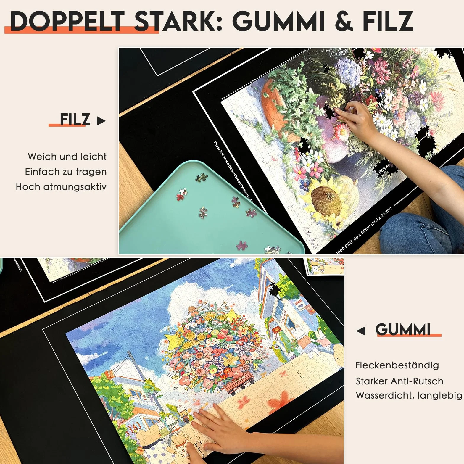 Nariolar Maty puzzle, zestaw 2 mat z gumy i filcu, na 500/1000/1500 elementów, praktyczne akcesoria do przechowywania i transportu puzzli