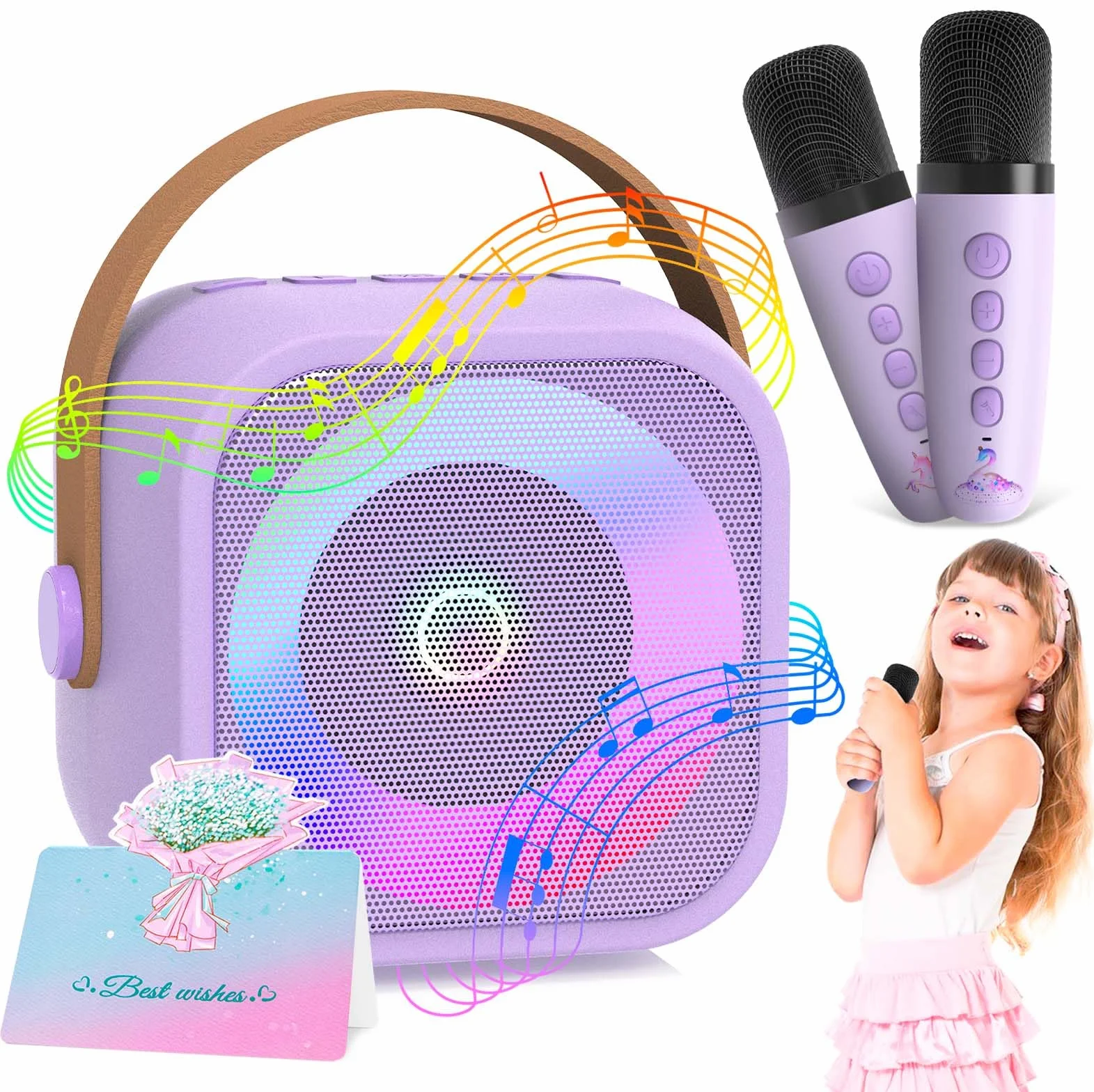 Maszyna Do Karaoke Dla Dzieci Z 2 Mikrofonami,Bezprzewodowy Bluetooth, Z Efektami Zmiany Gosu I Diodami Led Prezent Dla Dziewczynek, Dla Dziewczynek W Wieku 3-12 Lat Prezent Urodzinowy