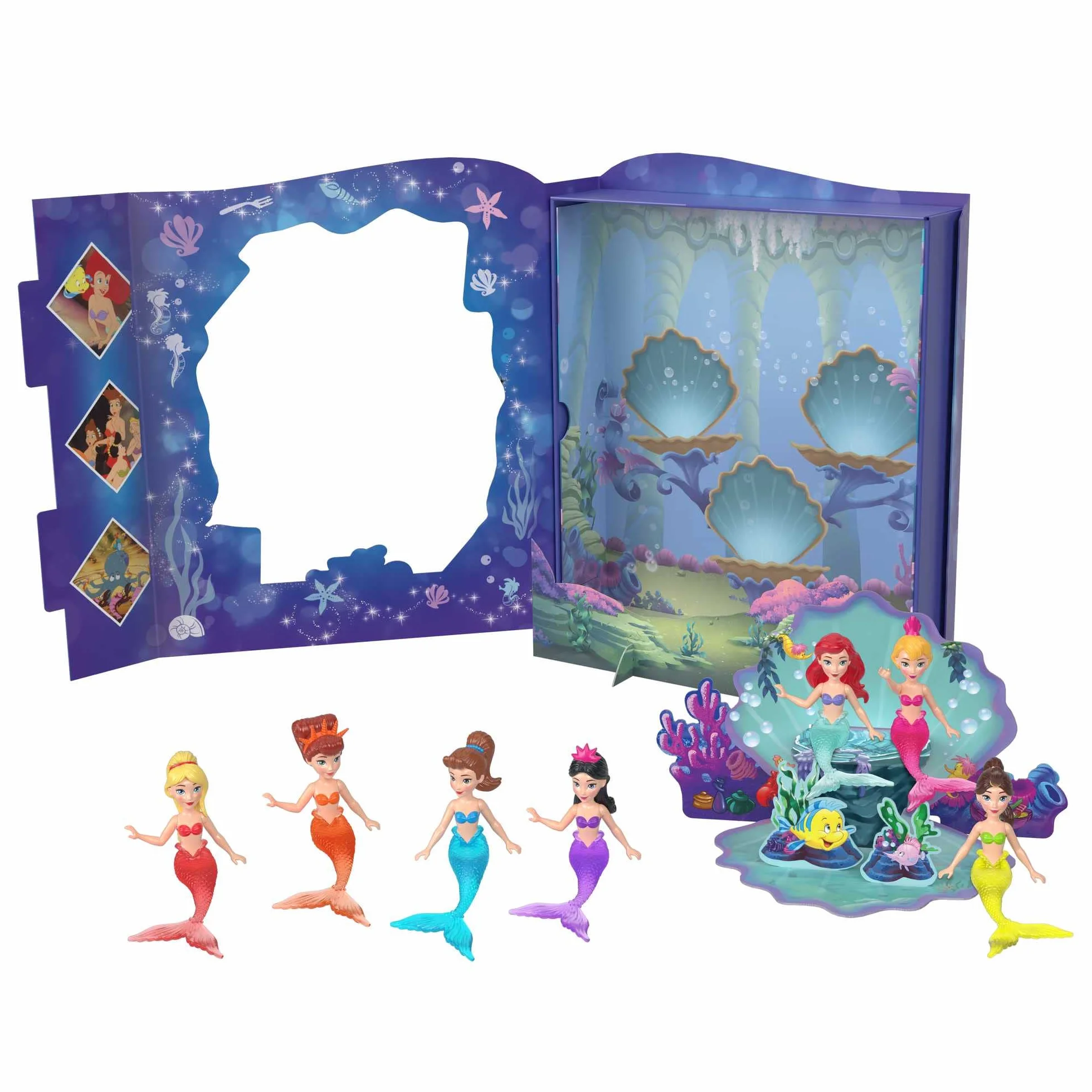 Mattel Księżniczka Disneya Arielka z siostrami Zestaw książka z 7 małymi lalkami syrenkami, figurkami i akcesoriami inspirowanymi filmem „Mała syrenka” Disneya HLW96
