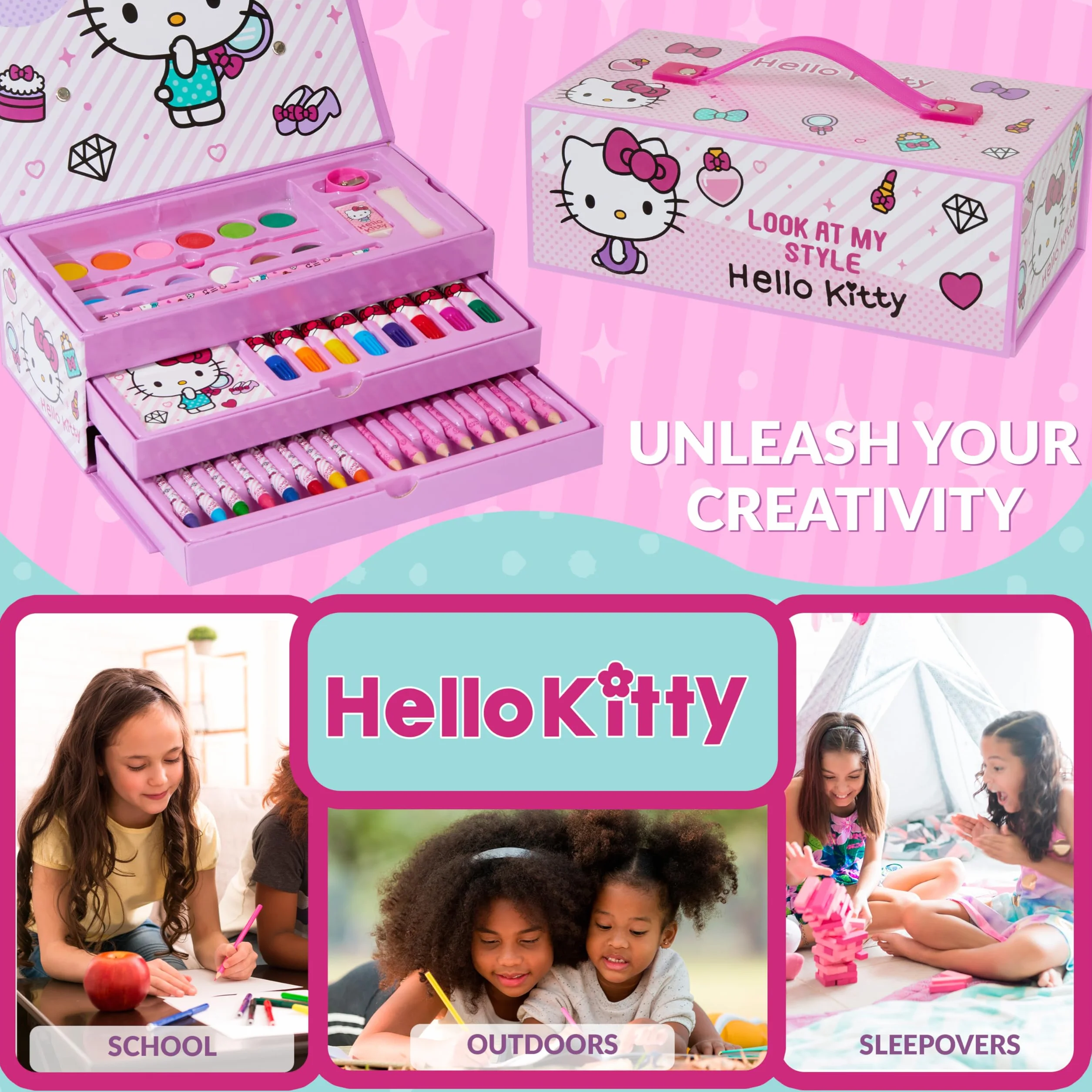Hello Kitty Zestaw artystyczny do malowania dla dzieci, rysowanie, kolorowanie, anime, artykuły pa, w walizce podróżnej, prezenty kawaii dla dziewcząt (różowy Hello Kitty 3 poziomy)