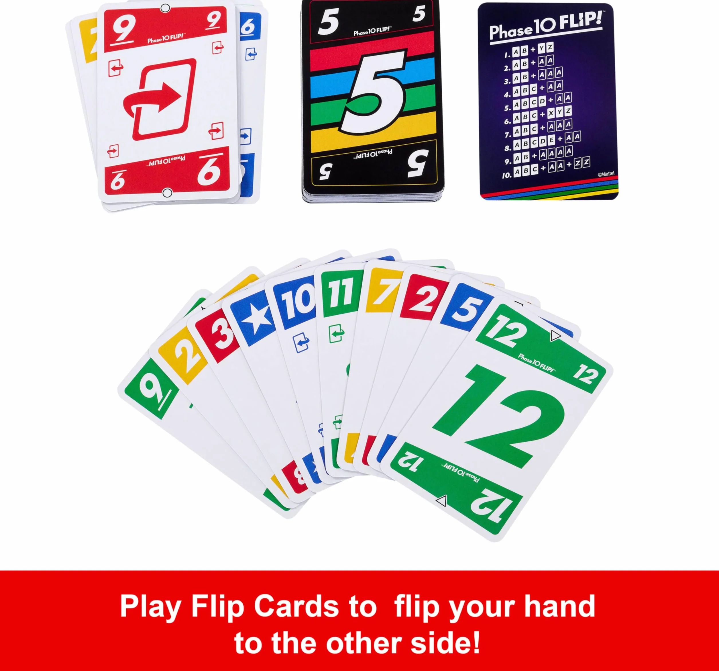 Mattel Games Gra karciana Phase 10 Flip, gra karciana dla całej rodziny z kartami drukowanymi po obu stronach, ze specjalnymi kolorowymi fazami dla 2 do 6 graczy, HYN12
