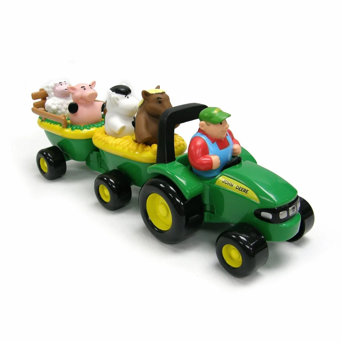 John Deere 34908 wózek z odgłosami zwierząt, zabawka z rolnikiem i 4 zwierzętami do zabawy wewnątrz i na zewnątrz, zabawka dla chłopców, prezent dla małych dzieci, dla dzieci od 18 miesięcy