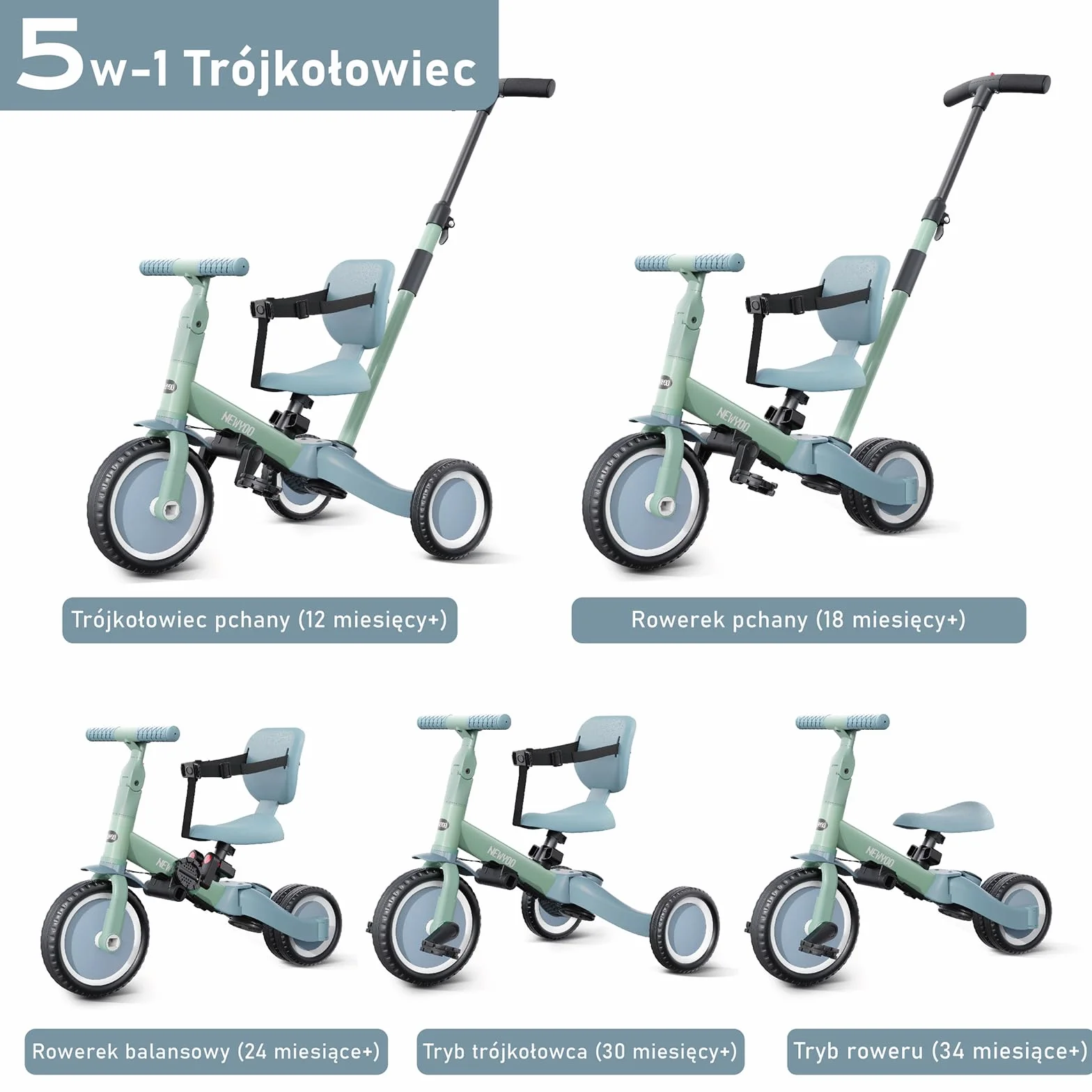 newyoo Trójkołowiec z rączką dla rodzica, dzieci 1-3 lat, rowerek biegowy, prezent urodzinowy i zabawka do jazdy, 5 w 1, rowerek z pasem bezpieczeństwa, Zielony, TR007