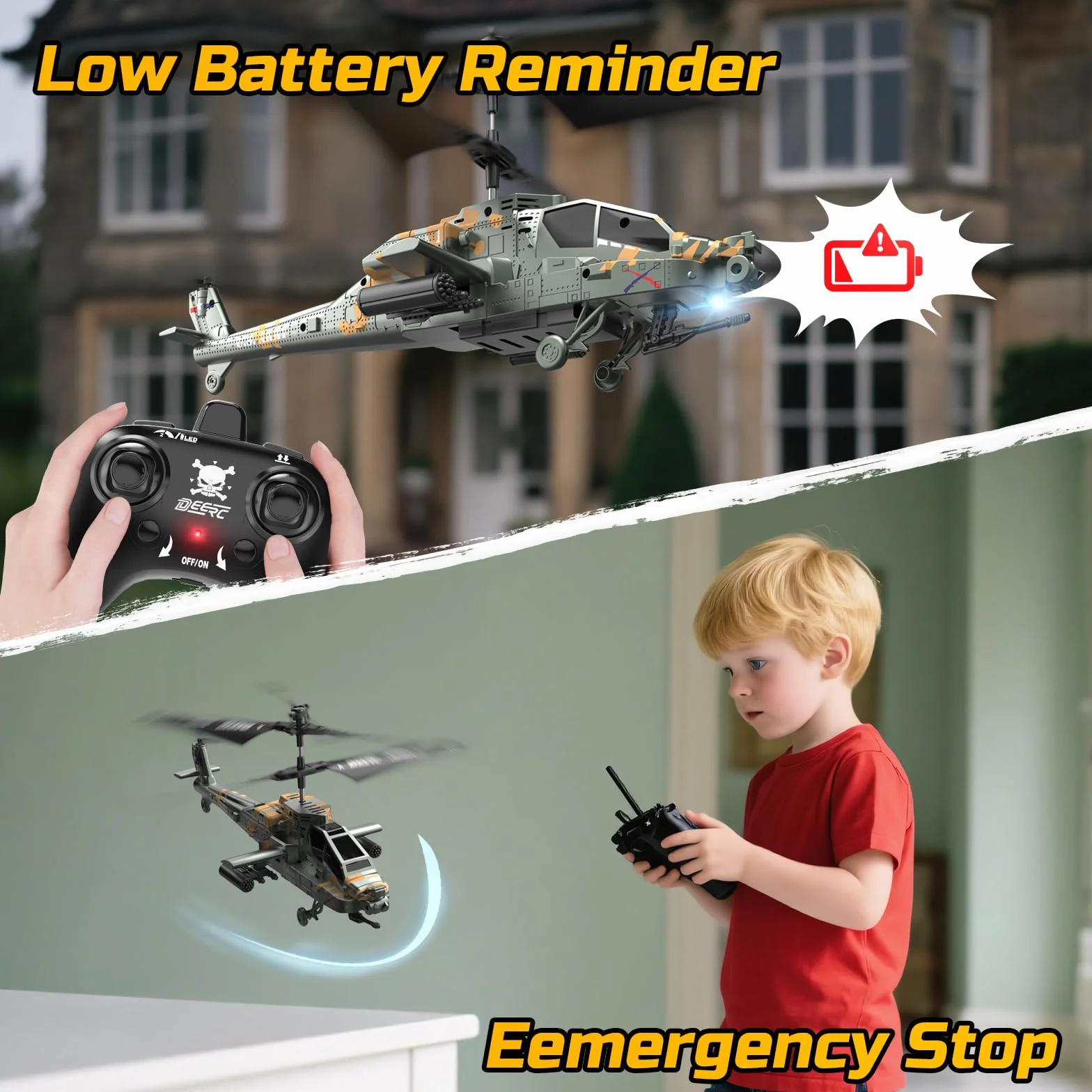DEERC Apache Helikopter RC 2,4 GHz Wojskowy 2 Baterie 26 Minut LED