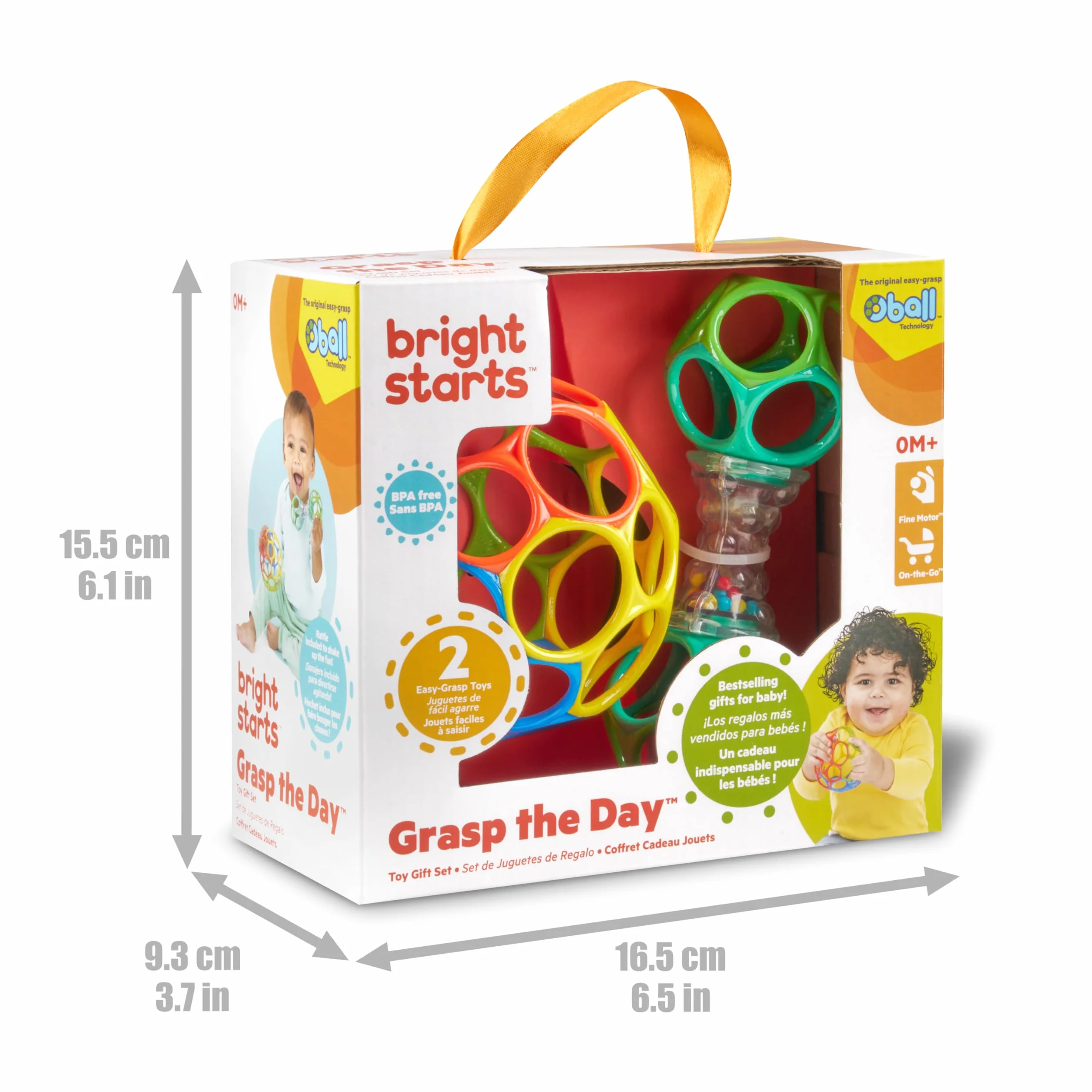 Bright Starts Easy-Grasp Oball Bundle zestaw prezentowy – Grasp the Day, piłka i grzechotka - zestaw 2 sztuk, nie zawiera BPA, unisex, nowożeńcy +