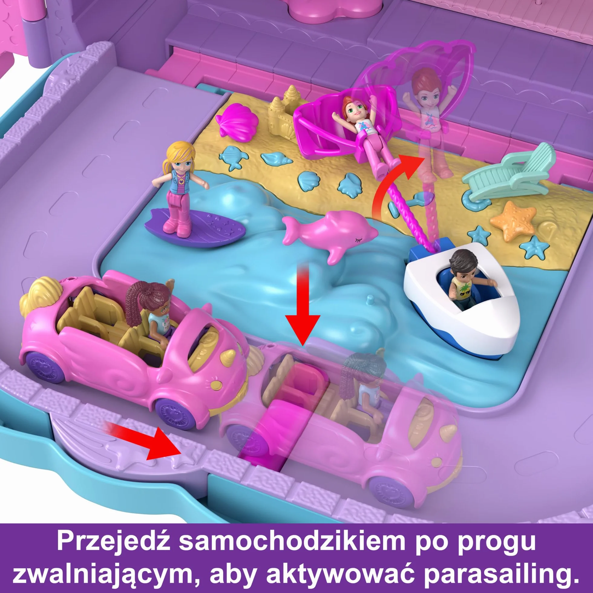 Polly Pocket Wakacyjny kurort Zestaw Walizka z 4 lalkami, 1 pojazdem i ponad 25 akcesoriami, HKV43