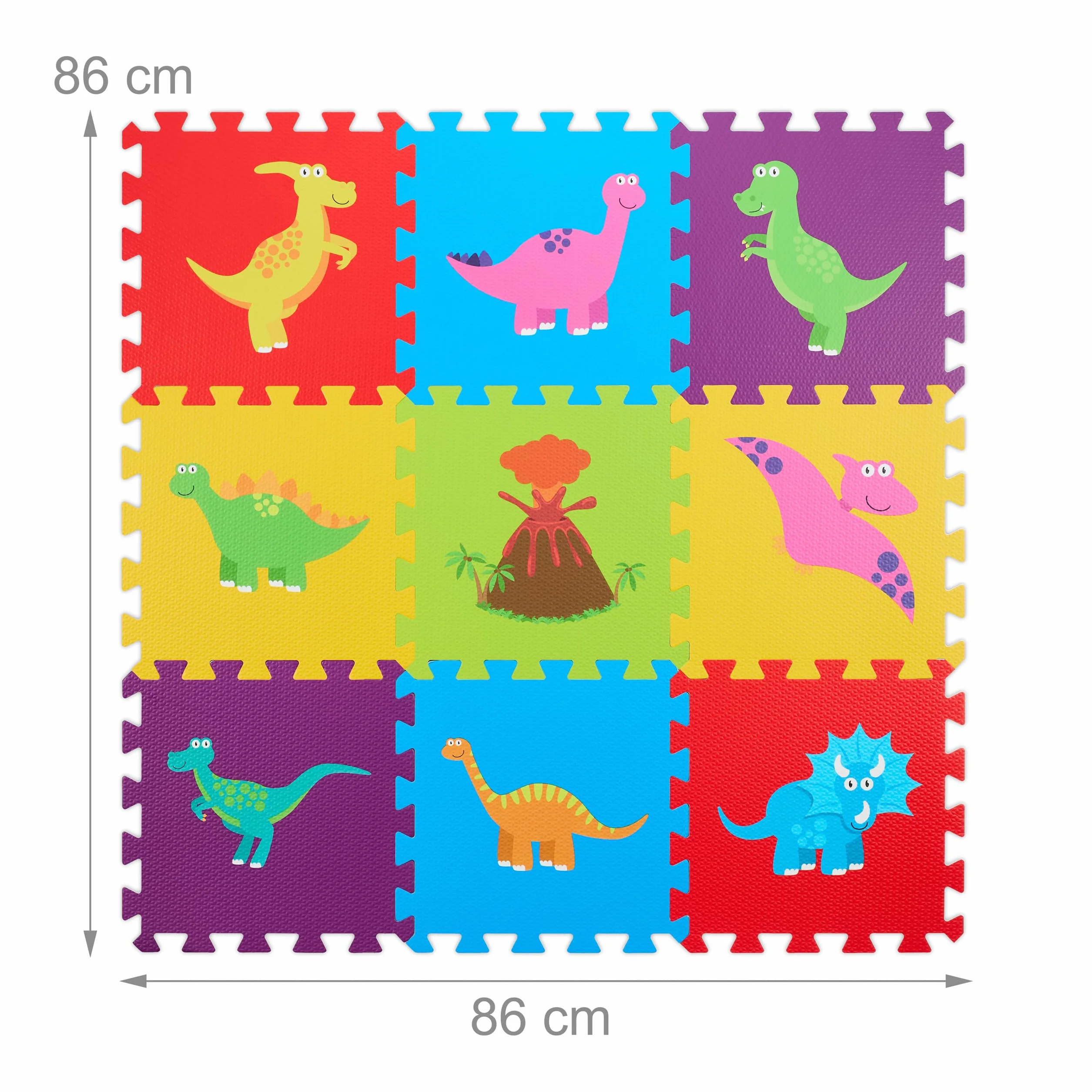 Relaxdays Dywan puzzle, mata do zabawy 3 x 3, dinozaury, mata do raczkowania, guma piankowa bez BPA, wielokolorowa, 86 x 86 cm
