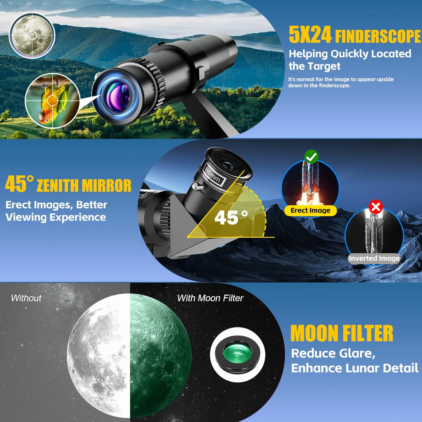 Teleskop Astronomiczny 500/70mm, 200x, ze statywem, adapter do telefonu, filtr księżycowy i 3 okulary, dla początkujących i dzieci