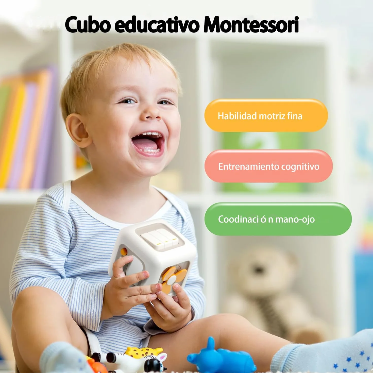 Zajęta Kostka 6 w 1 - Zabawki Sensoryczne Montessori dla Dzieci w Wieku 1-3 Lat, Zabawki Podróżne, Prezenty dla 12-Miesięcznych Maluchów