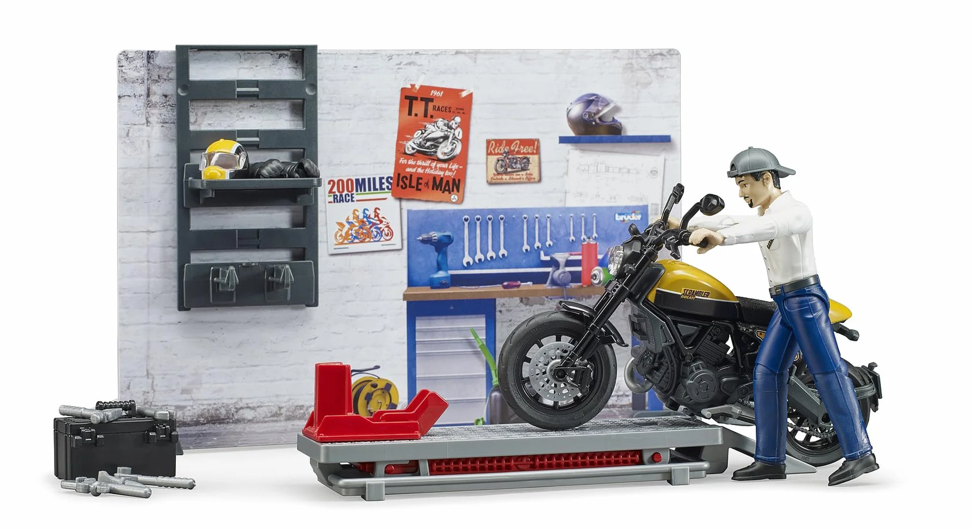 bruder 62102 - bworld warsztat motocyklowy Scrambler Ducati Full Throttle z mechanikiem, warsztat, zabawkowa figurka