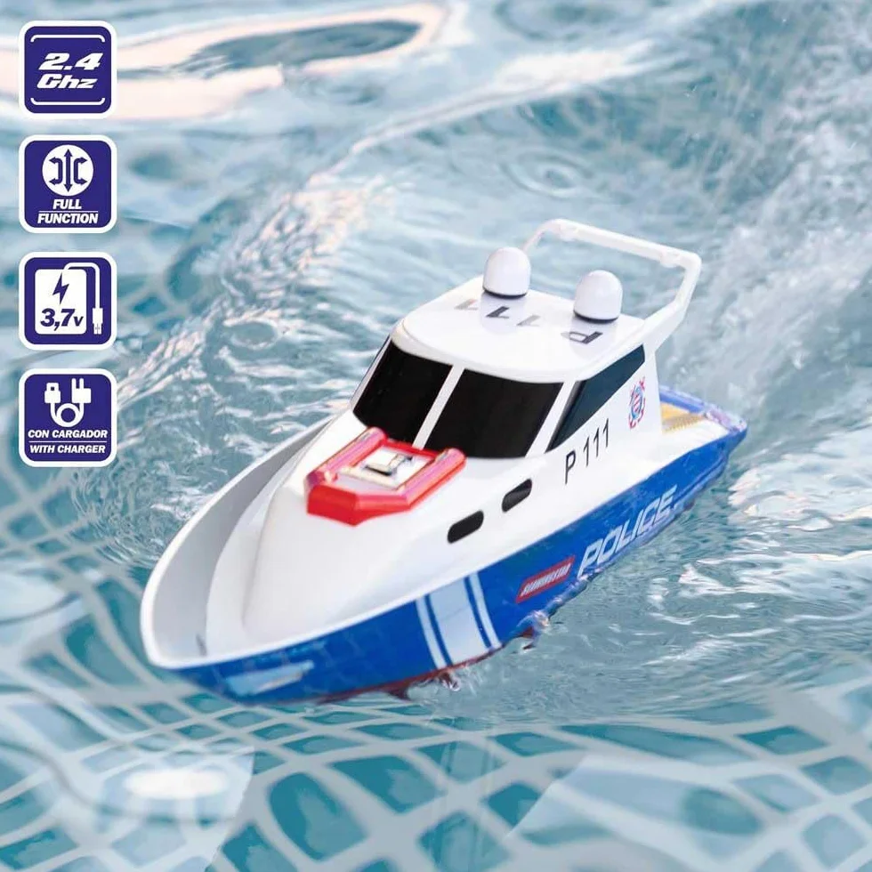 ColorBaby 47674 Racing Boat Boat Police Radiocontrol, 36x10x10 cm, Pilot zdalnego sterowania, 6 kierunków, 2,4 GHz, zasięg 35-40 m, łódź RC, zabawki dla dzieci, 4 lata