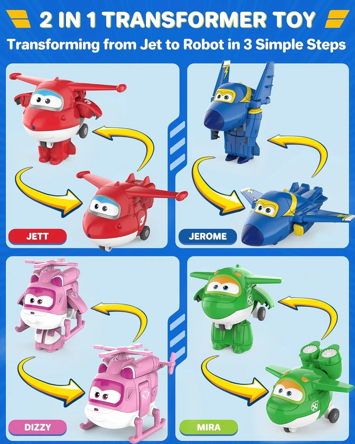SUPER WINGS - WORLD AIRPORT CREW - 8-PART TRANSFORM-A-BOTS SET + figurki PVC x7 - Transformowalne zabawkowe samoloty i figurki robotów z 1 sezonu serialu animowanego Super Wings.