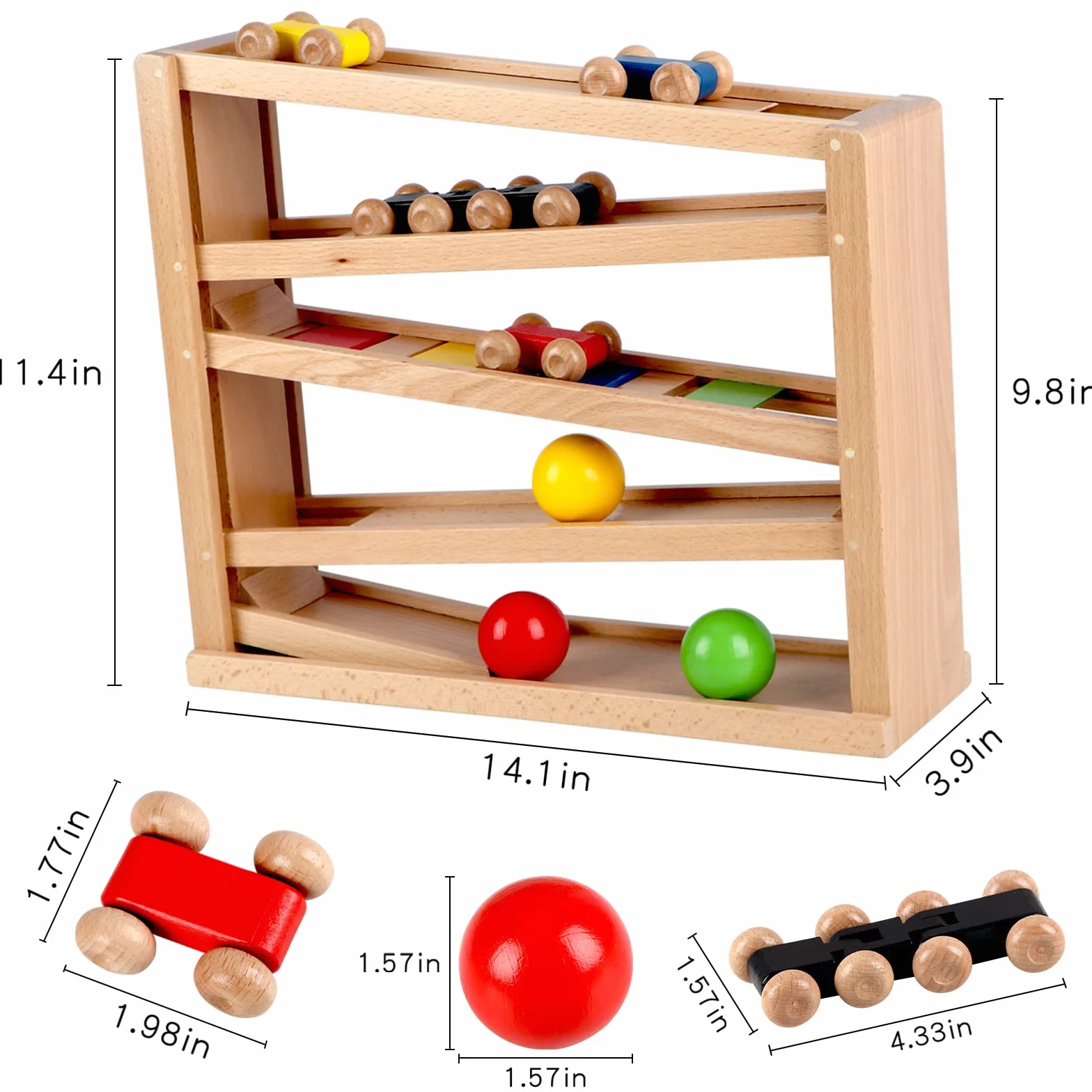 Jacootoys Drewniany samochód Rampa Marmur Run Gra Racing Track 5 Warstwy Racer Zestaw zabawek 4 Samochody 3 Piłki Prezent dla Dzieci Chłopcy Dziewczyny