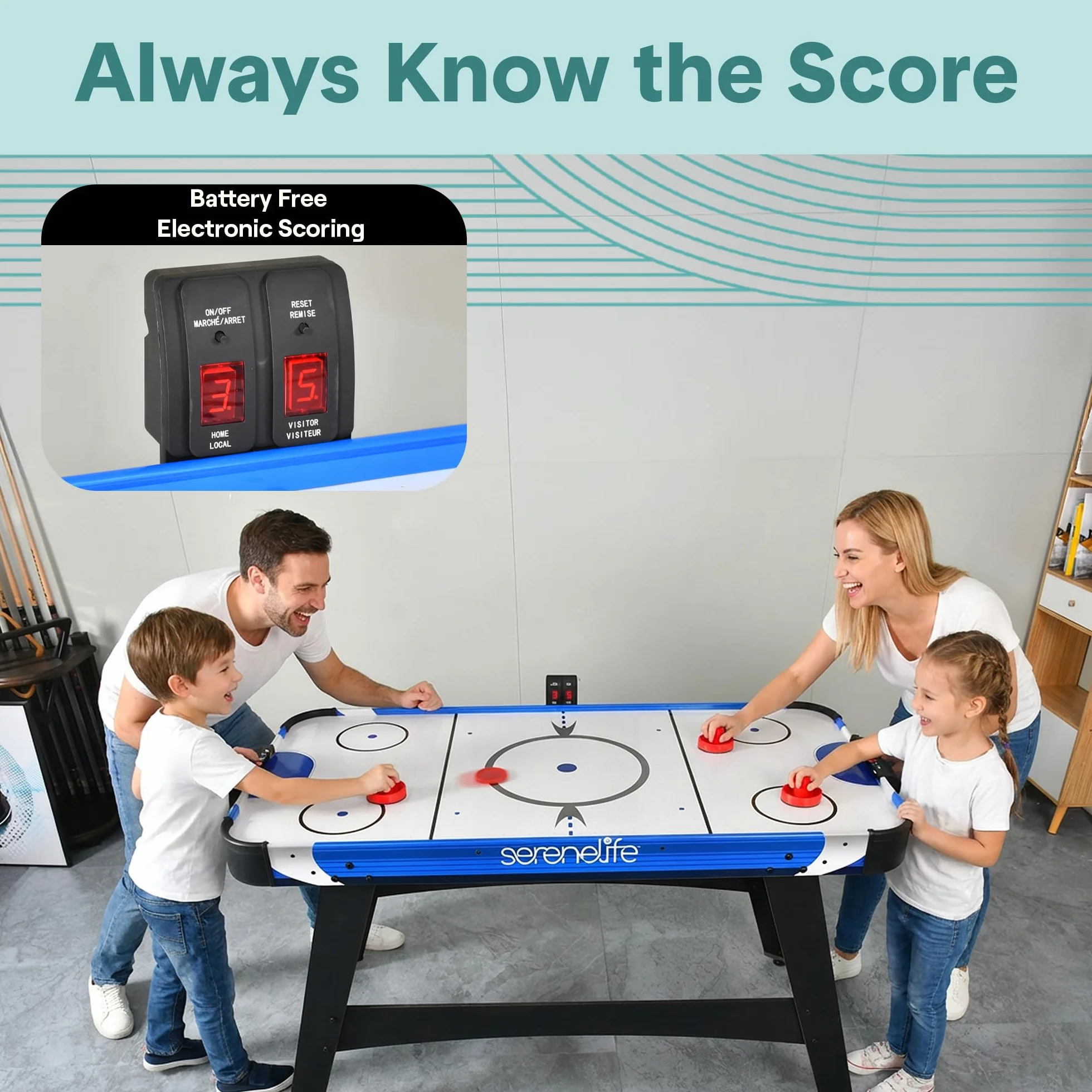 SereneLife Powered Air Hockey Table, 4,5 ft 54'' Sports Arcade Games, with Complete Accessories, Digital LED Scoreboard, wbudowany w Score Tracker, idealny dla dorosłych i dzieci, pokój gier domowych