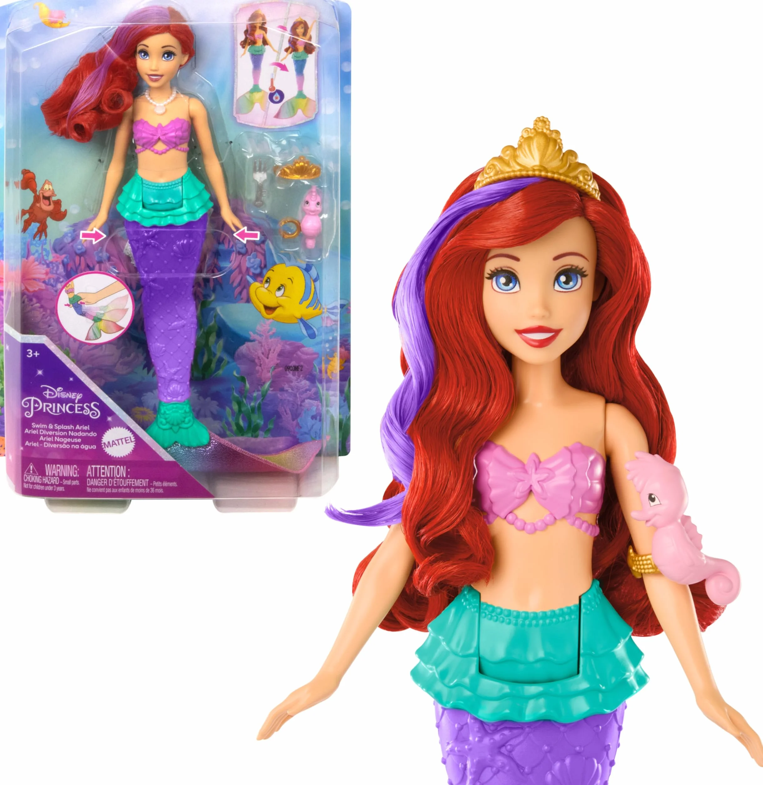 Mattel Księżniczka Disneya Arielka Syrenka z ruchomym ogonem Lalka syrenka ze zmianą koloru na włosach i ogonie, do zabawy z wodą inspirowana filmem Disneya, HPD43