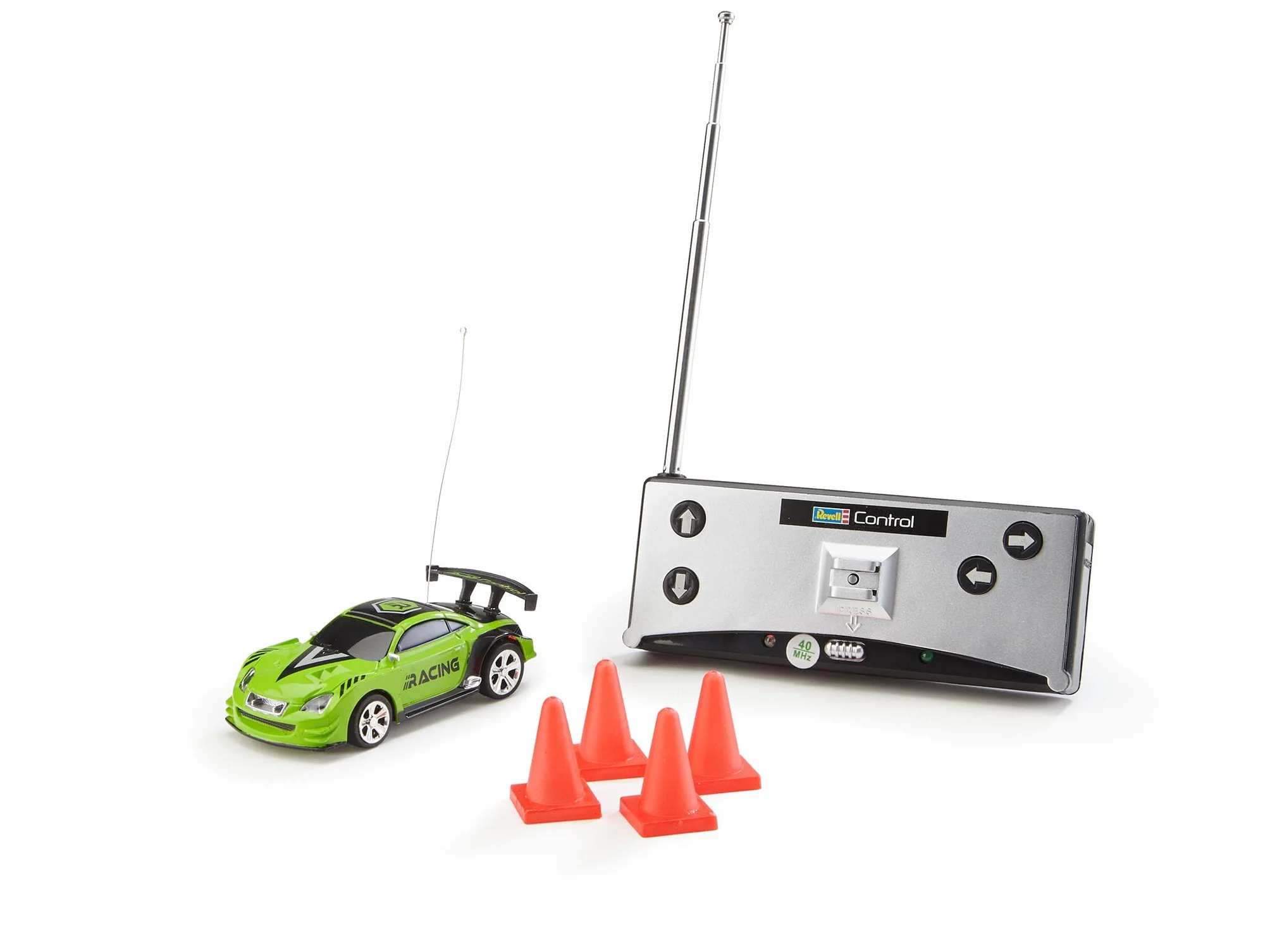 Revell Control 23560 Mini zdalnie sterowany samochód wyścigowy zielony, ze sterowaniem 40 MHz, w pojemniku na puszki, zawiera stożki drogowe, długość 8 cm