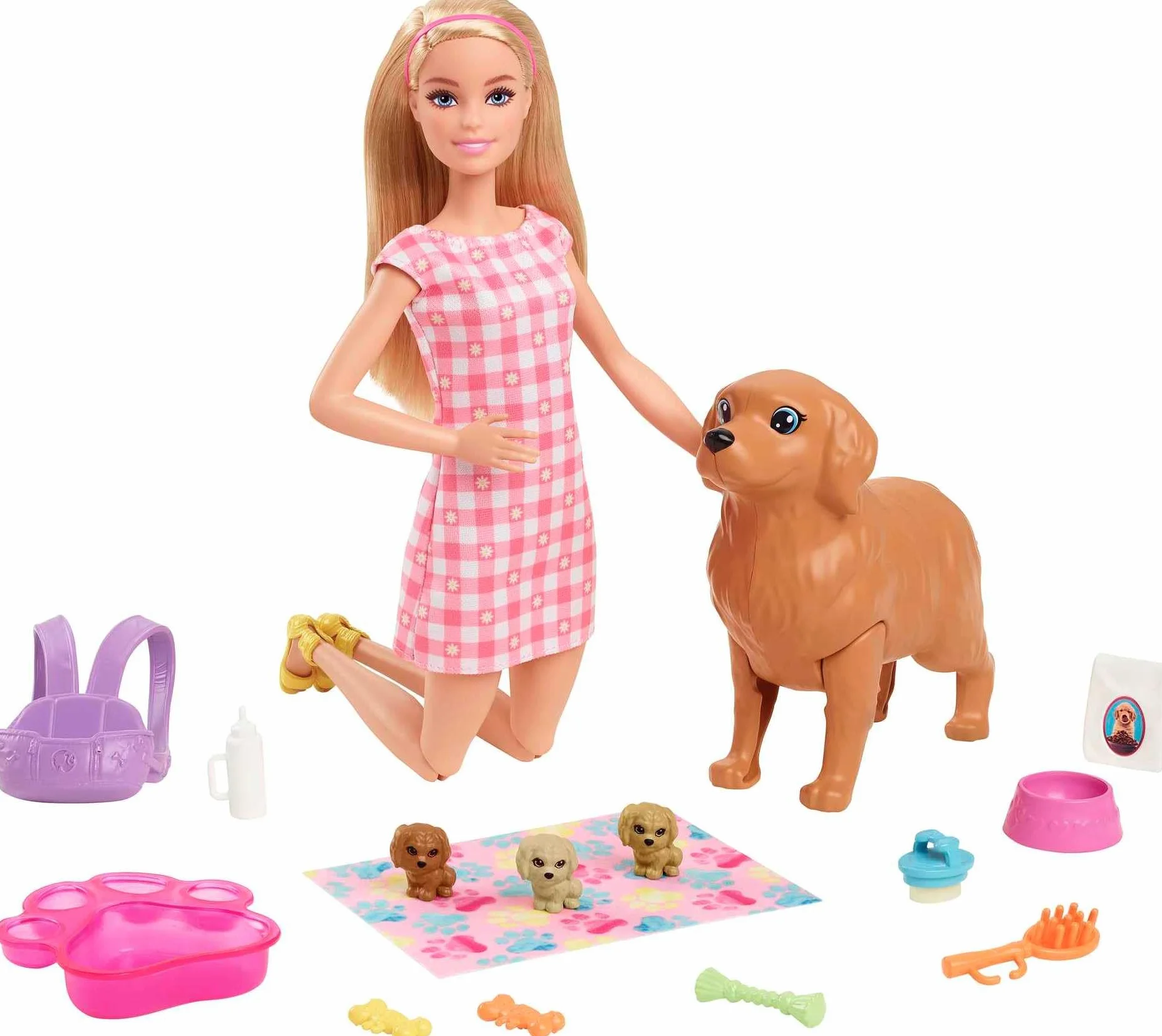 Barbie Narodziny piesków Zestaw do zabawy z lalką Barbie blondynką (29 cm), psią mamą z funkcją, 3 szczeniaczkami i akcesoriami do opieki, prezent dla dzieci od 3 do 7 lat, HCK75