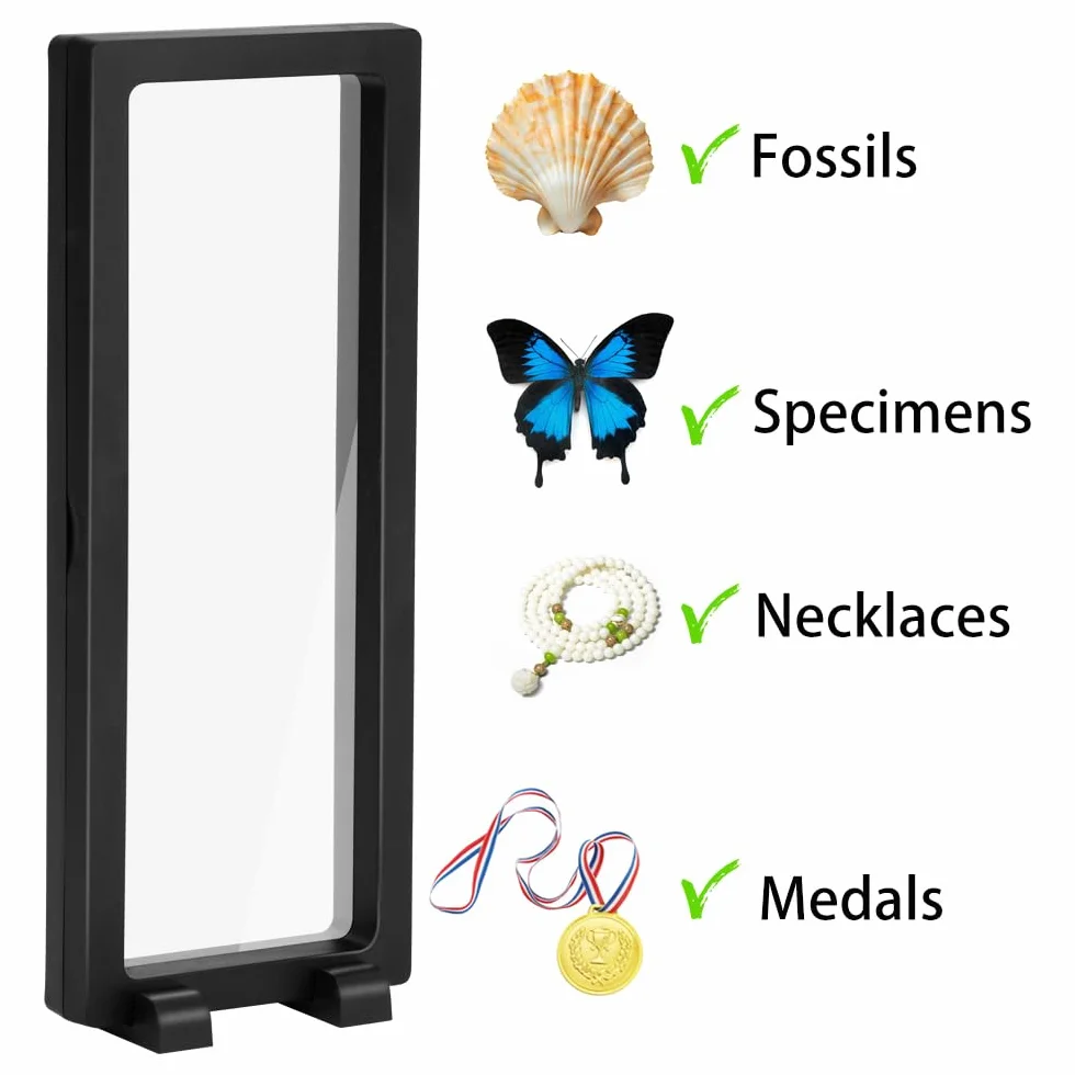5 szt. przezroczystych 3D pływających etui z 10 uchwytami – czarna ramka na monety na medale AA, biżuterię, muszle, skamieniałości (230 x 90 x 20 mm)