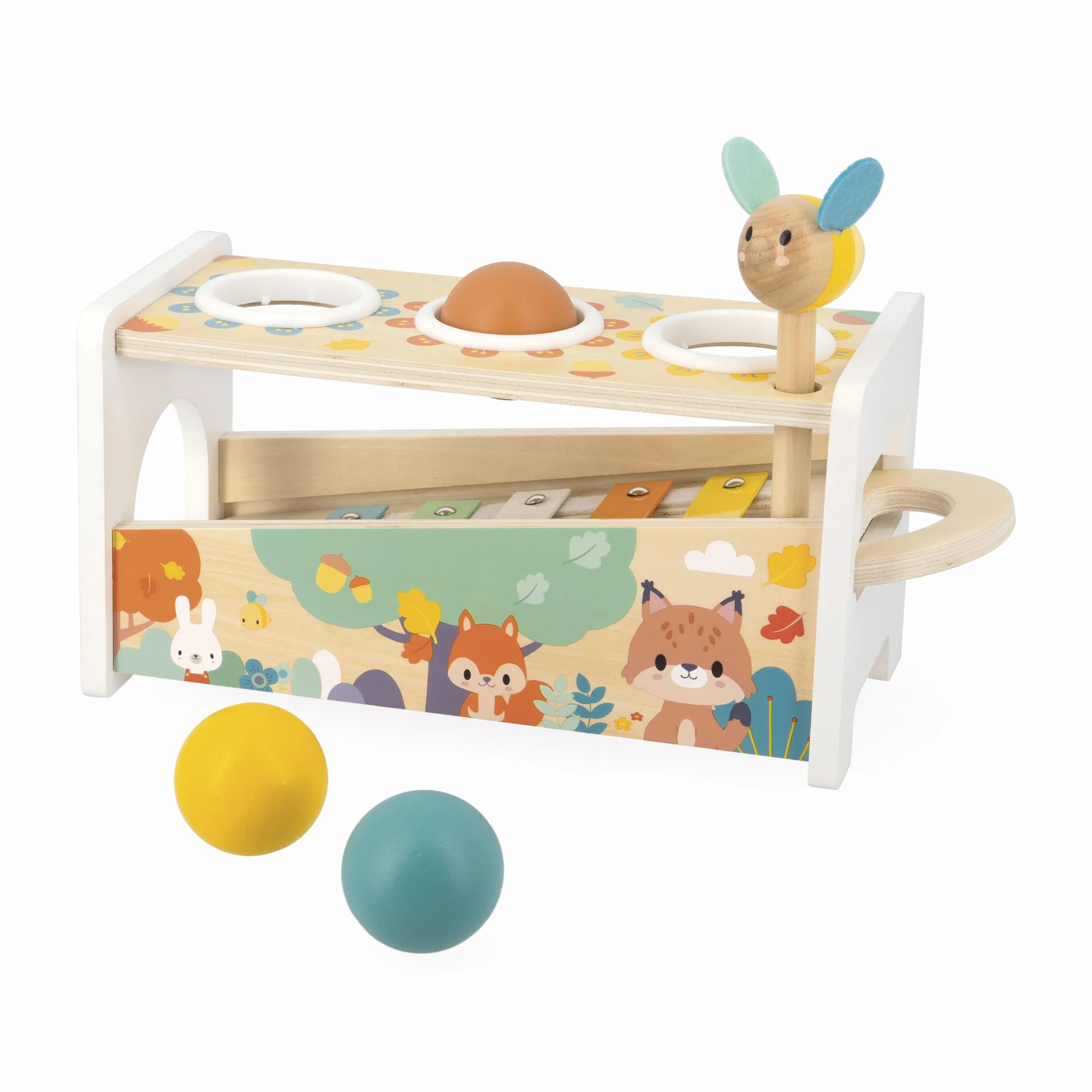 Janod Tap Tap Xylo Pure 2-in-1 Baby Musical Instrument - Awakening and Educational Game - Wooden Toy with 3 Balls + Hammer + Xylophone - From 12 Months Old, J05155