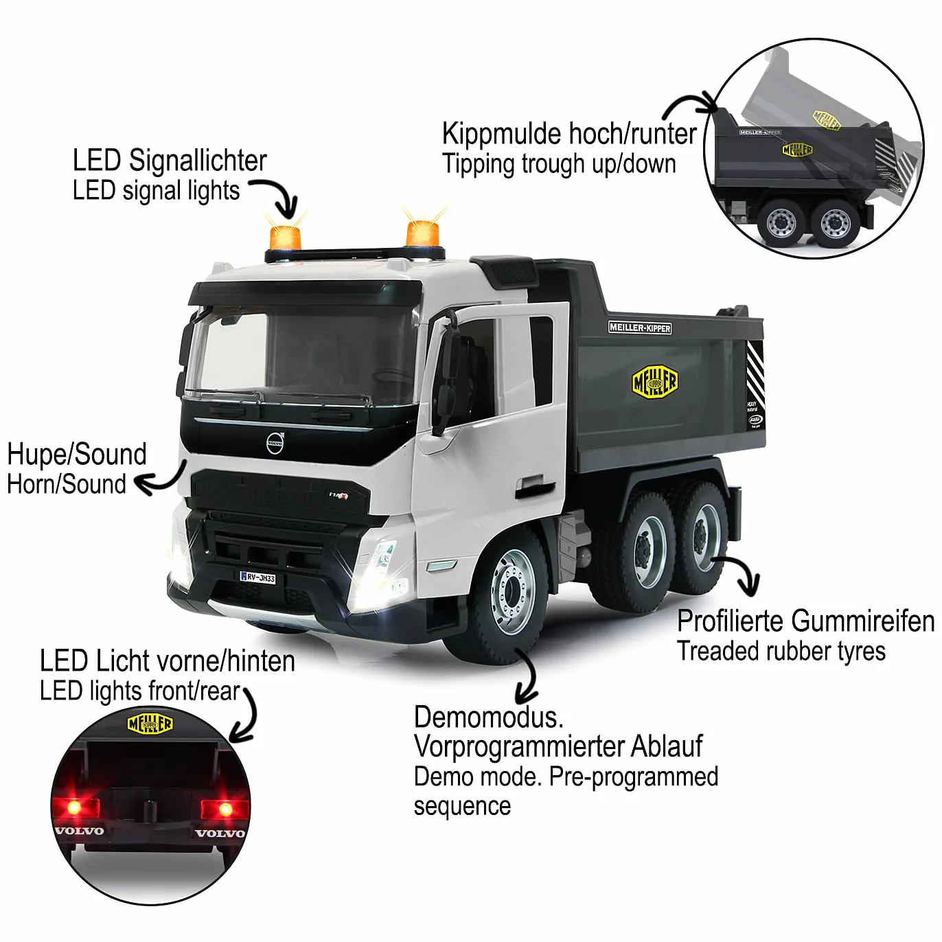 JAMARA Wywrotka Volvo FMX Meiller 1:20 2,4 GHz – oficjalnie licencjonowana, dźwięk ostrzegawczy cofania, profilowane gumowe opony, światło LED, wgłębienie uchylne w górę/w dół, pojazd budowlany
