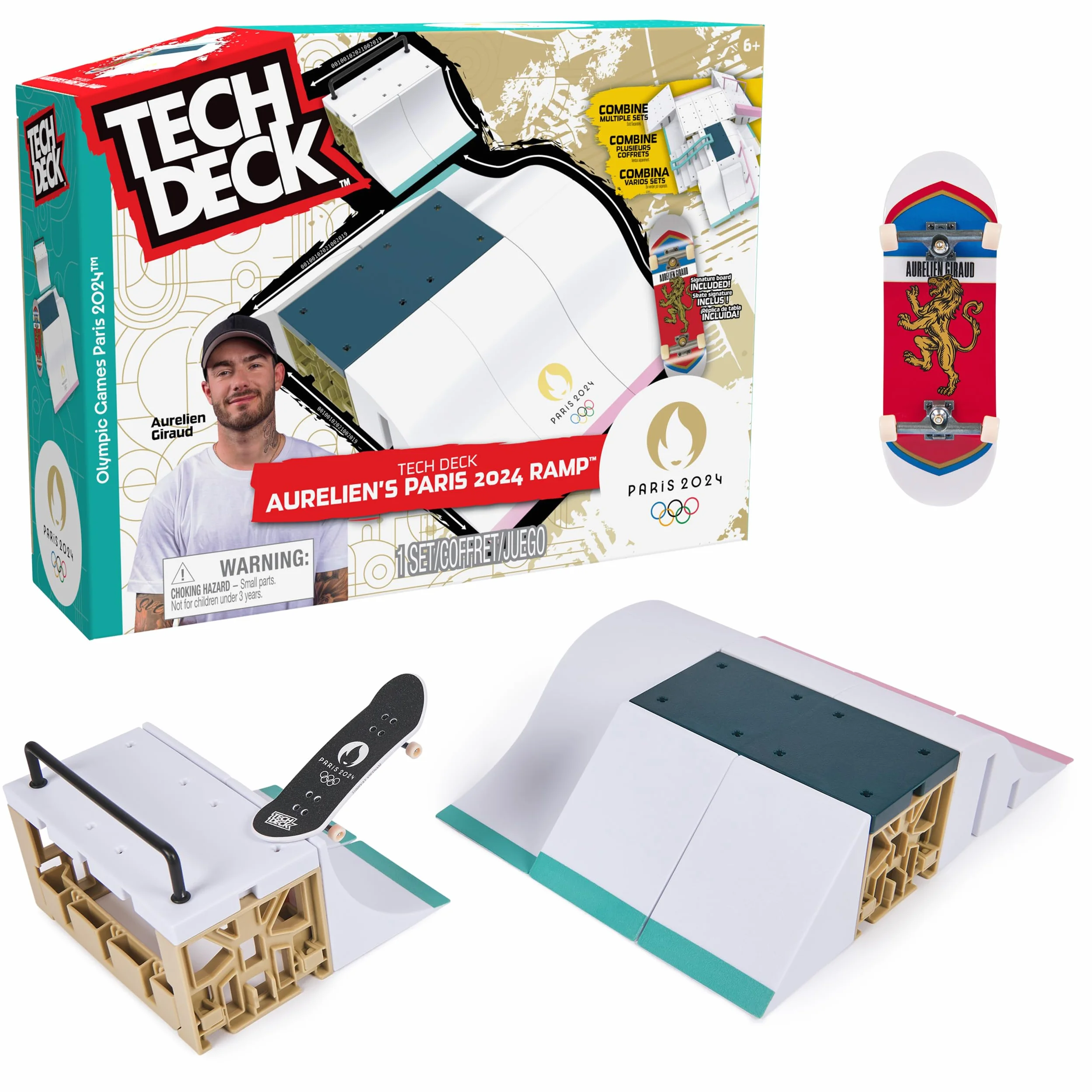 Tech Deck - Finger Skate - Park X-Connect Aurélien Giraud - Oficjalny produkt na licencji Igrzysk Olimpijskich w Paryżu 2024 - Modułowy skatepark - Mini Skate Finger - Zabawka dla dzieci w wieku 6 lat