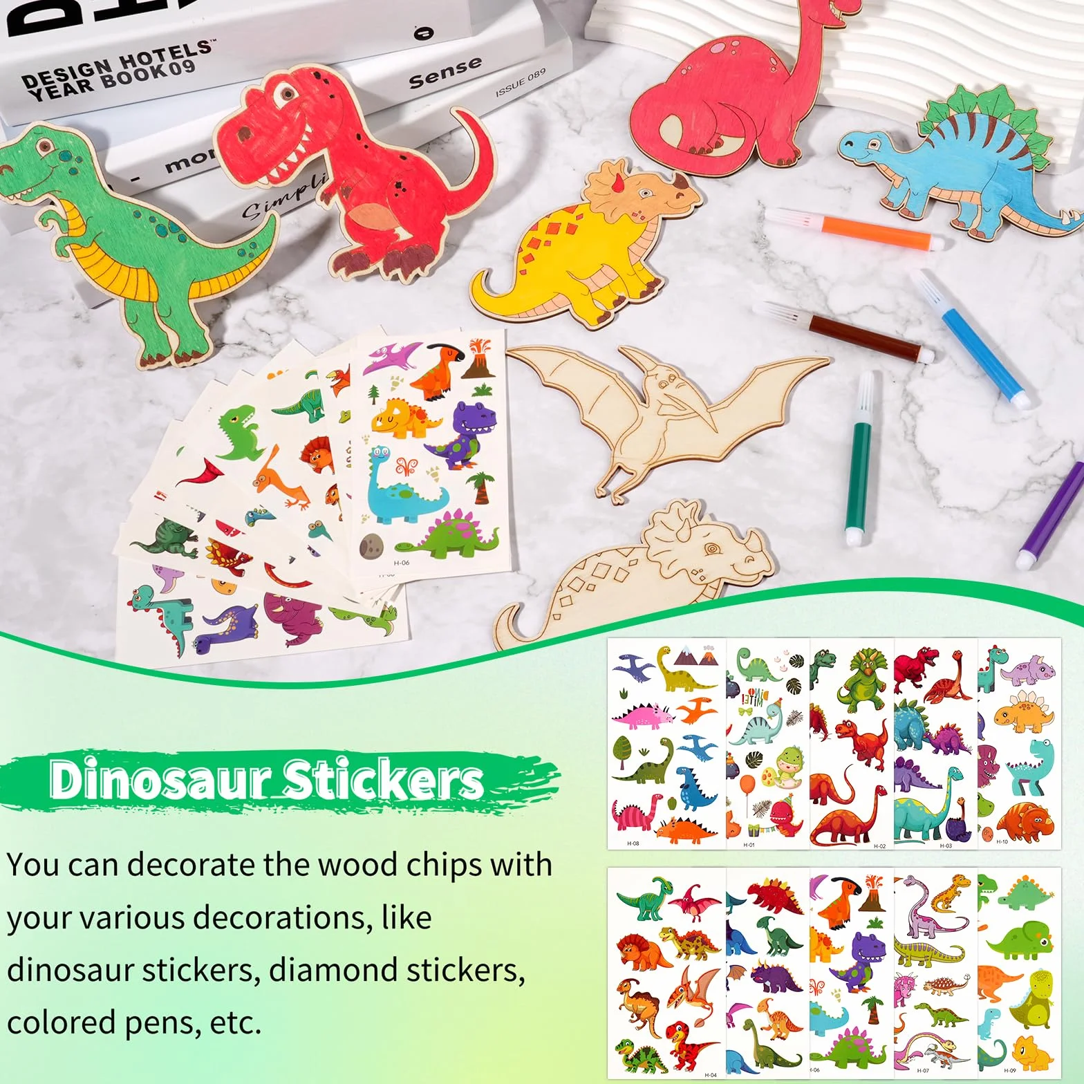 Zestaw do majsterkowania z motywem dinozaurów, 54 szt., zestaw do majsterkowania z motywem dinozaurów, 32 drewniane dinozaury, 12 kolorowych kredek, 10 naklejek, rękodzieło z drewna, dla dziewczynek /
