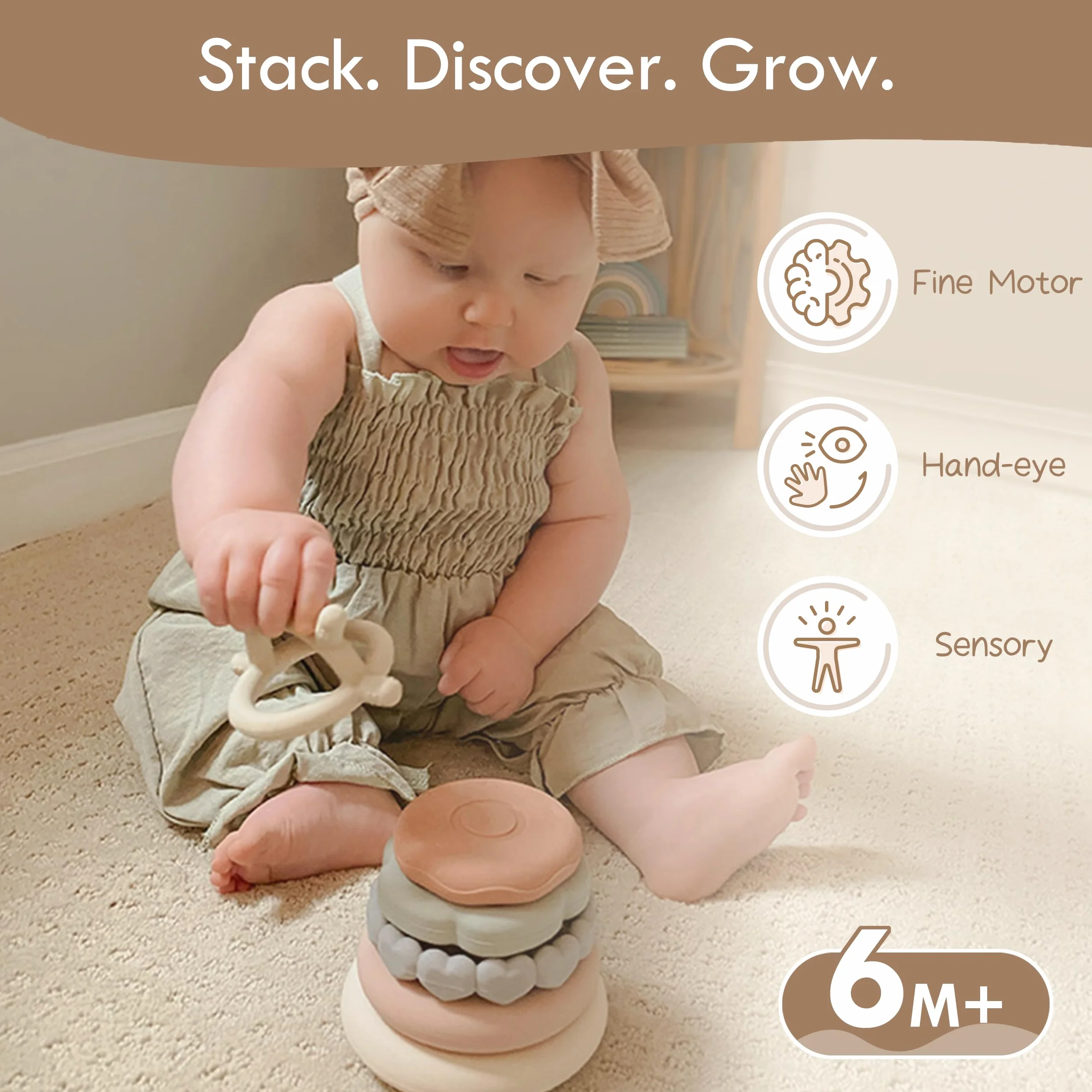 Moonkie Stosy kółek Miękka ząbkowana zabawka Edukacyjna nauka układania Ring Toys dla niemowląt | Zestaw 7-częściowy