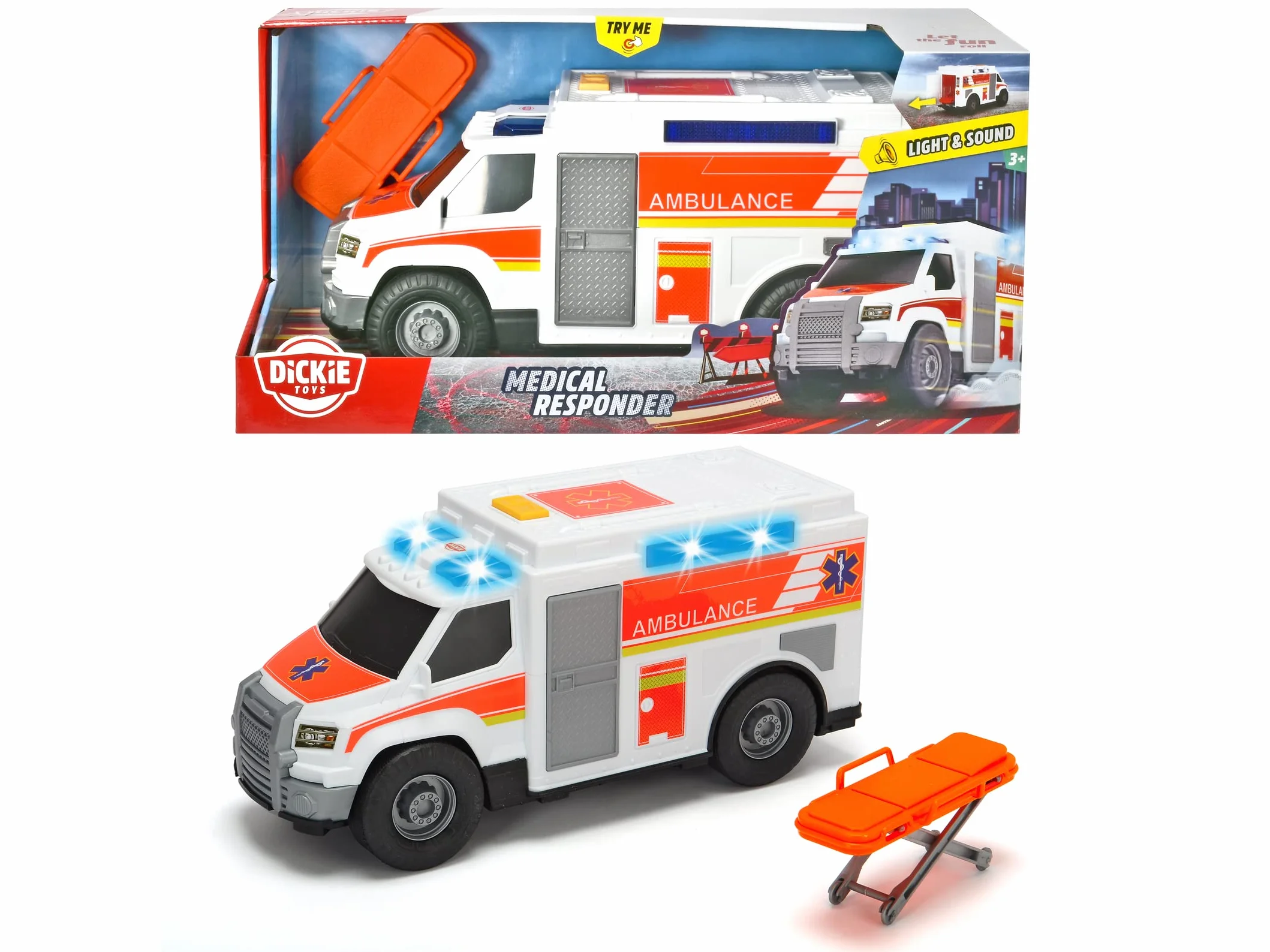 Dickie Toys 203306002 Ambulans Zabawkowa karetka, wózek ratowniczy, otwierane tylne drzwi, światło i realistyczne dźwięki, w zestawie baterie, rozmiar 30 cm, prezent dla dzieci od 3 lat