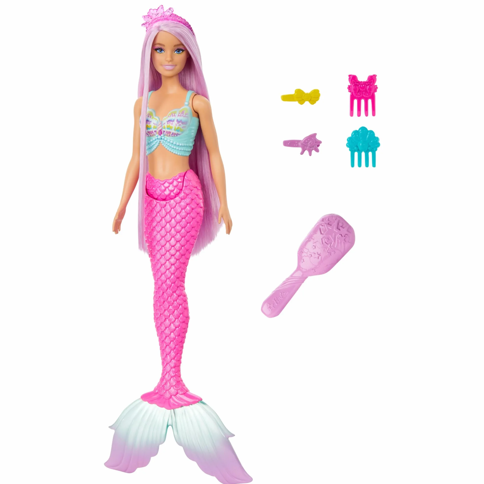 Barbie Syrenka Lalka Długie włosy (pastelowy róż, prawie 18 cm długości) + kolorowe akcesoria do stylizacji, takie jak opaska i spinki do włosów, HRR00