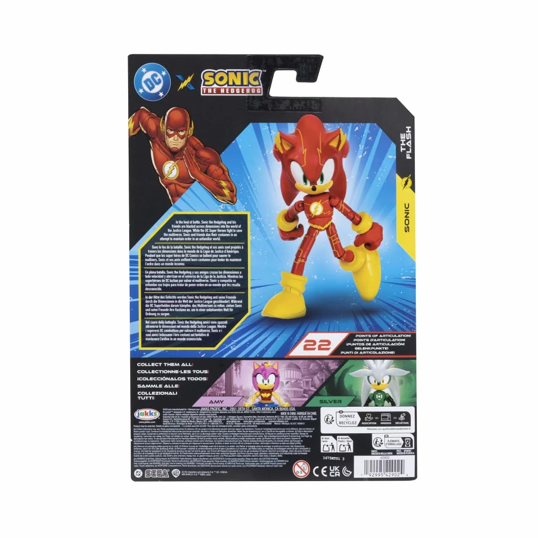 Figurka akcji DC x Sonic the Hedgehog jako Flash, 5" / 13 cm, oficjalna licencja Jakks Pacific, niezwykle szczegółowa i wyprofilowana konstrukcja, opakowanie kolekcjonerskie