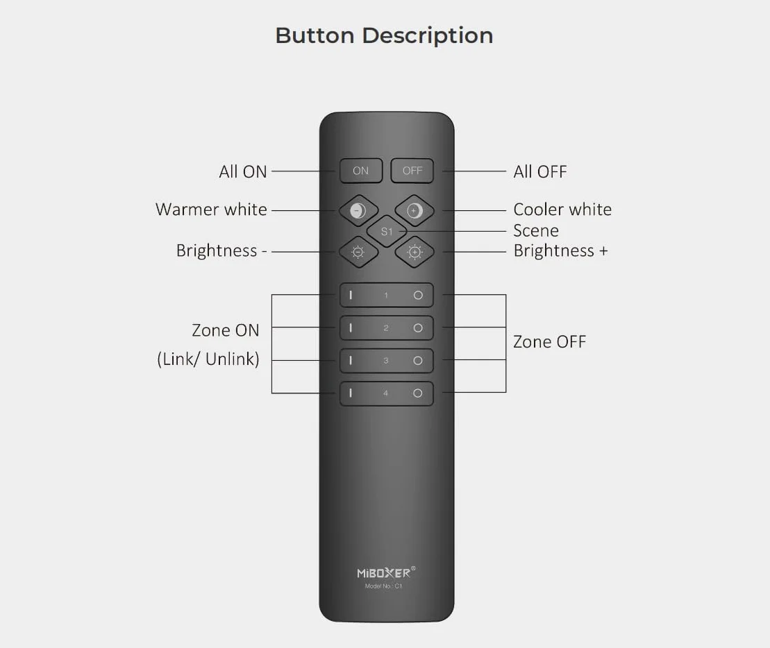 LIGHTEU®, MiBoxer 2,4 GHz RF 4-strefowy kolor z temperaturą Dim Remote do kontrolera CCT LED Miboxer i lamp, C1