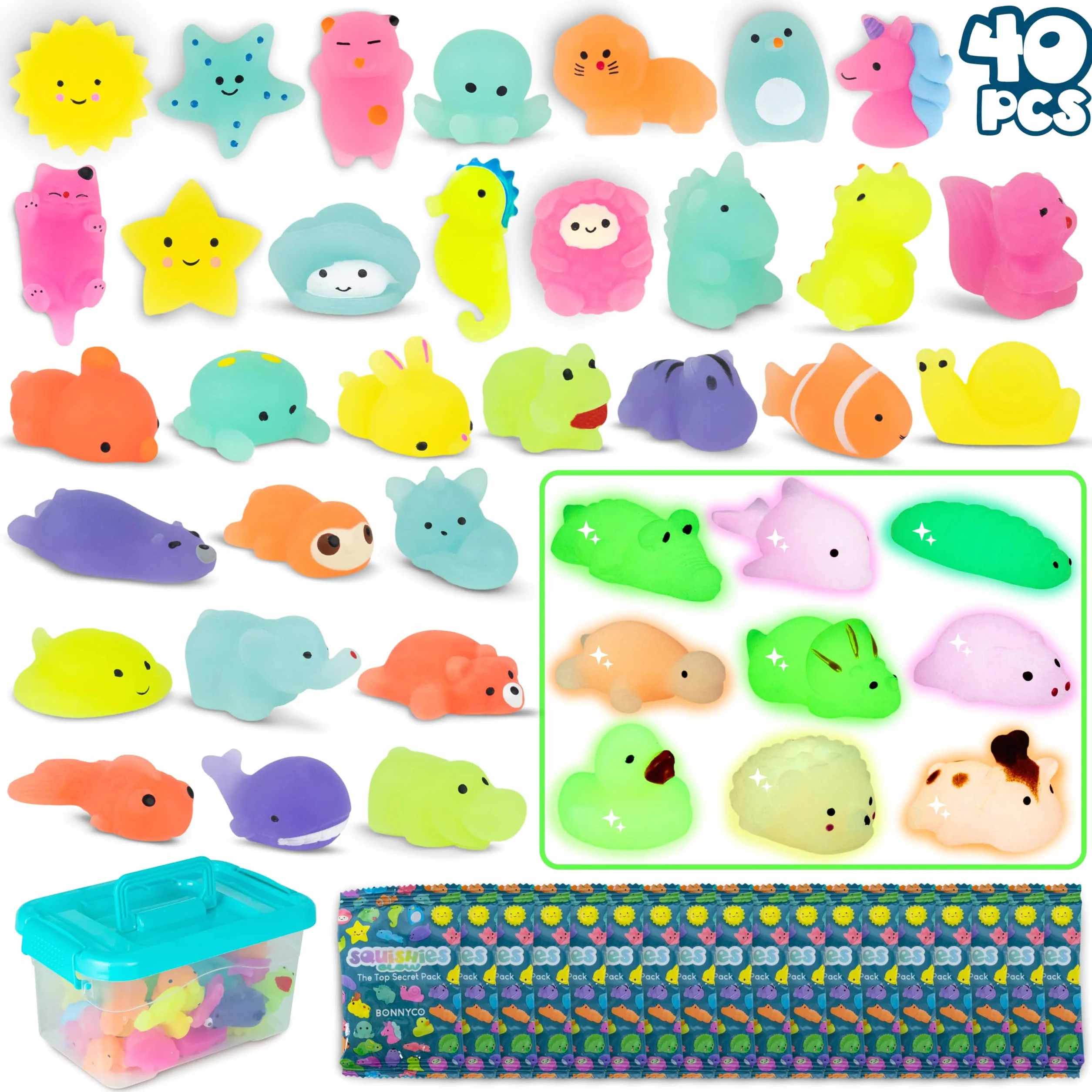 BONNYCO Zabawki Mochi Squishy do Toreb na Prezenty Pakiet 40. Upominki na Przyjęcia Świecą w Ciemności, Wypełniacze Torebek dla Dzieci Unisex. Zabawki Squishy Fidget, Wypełniacz Piniaty Kawaii