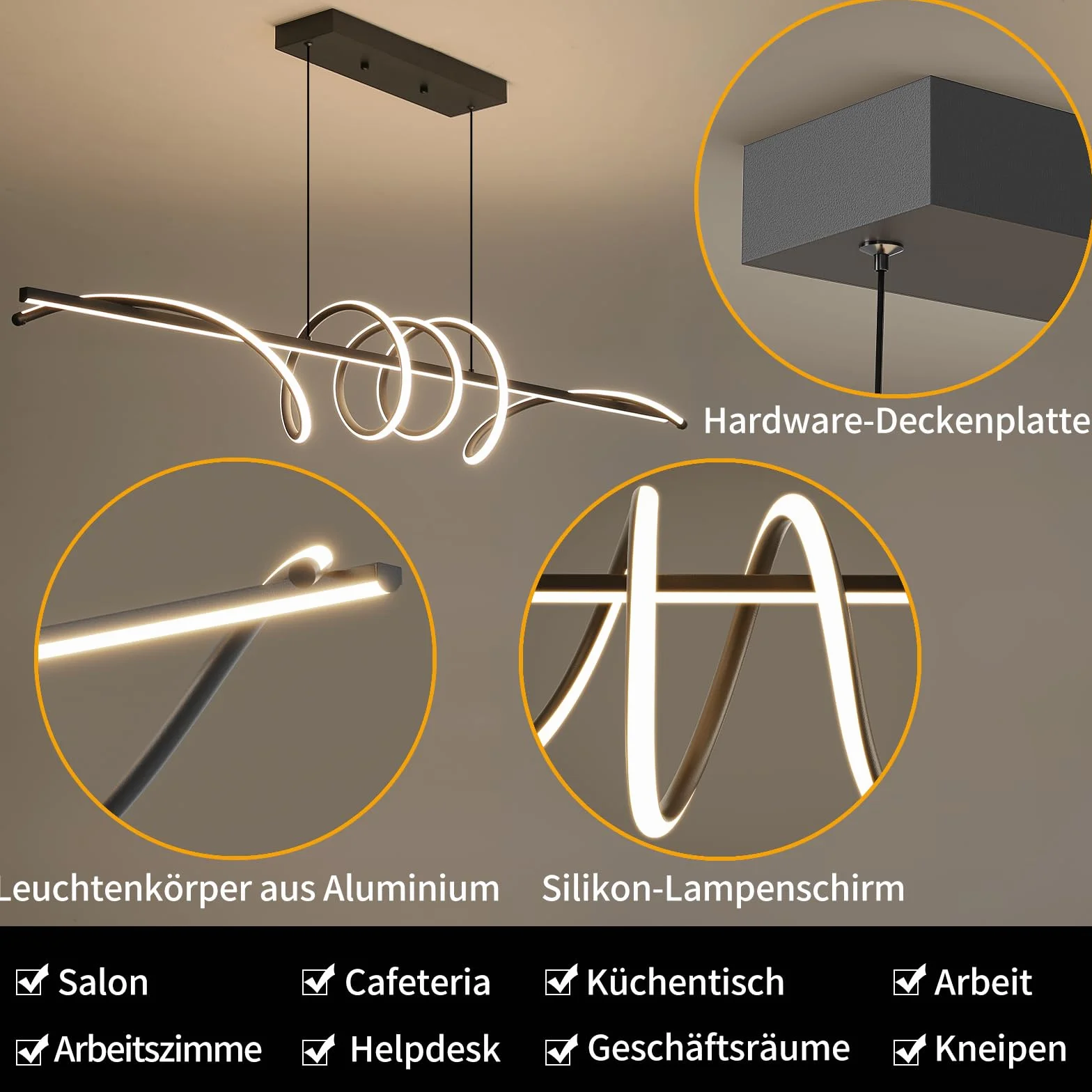 Mikeru Nowoczesna lampa LED, 150 cm, spiralne wiszące z funkcją pamięci, czarna LED do jadalni, 10-100%, 3000 K/4500 K/6000 K, do kuchni, wnętrz
