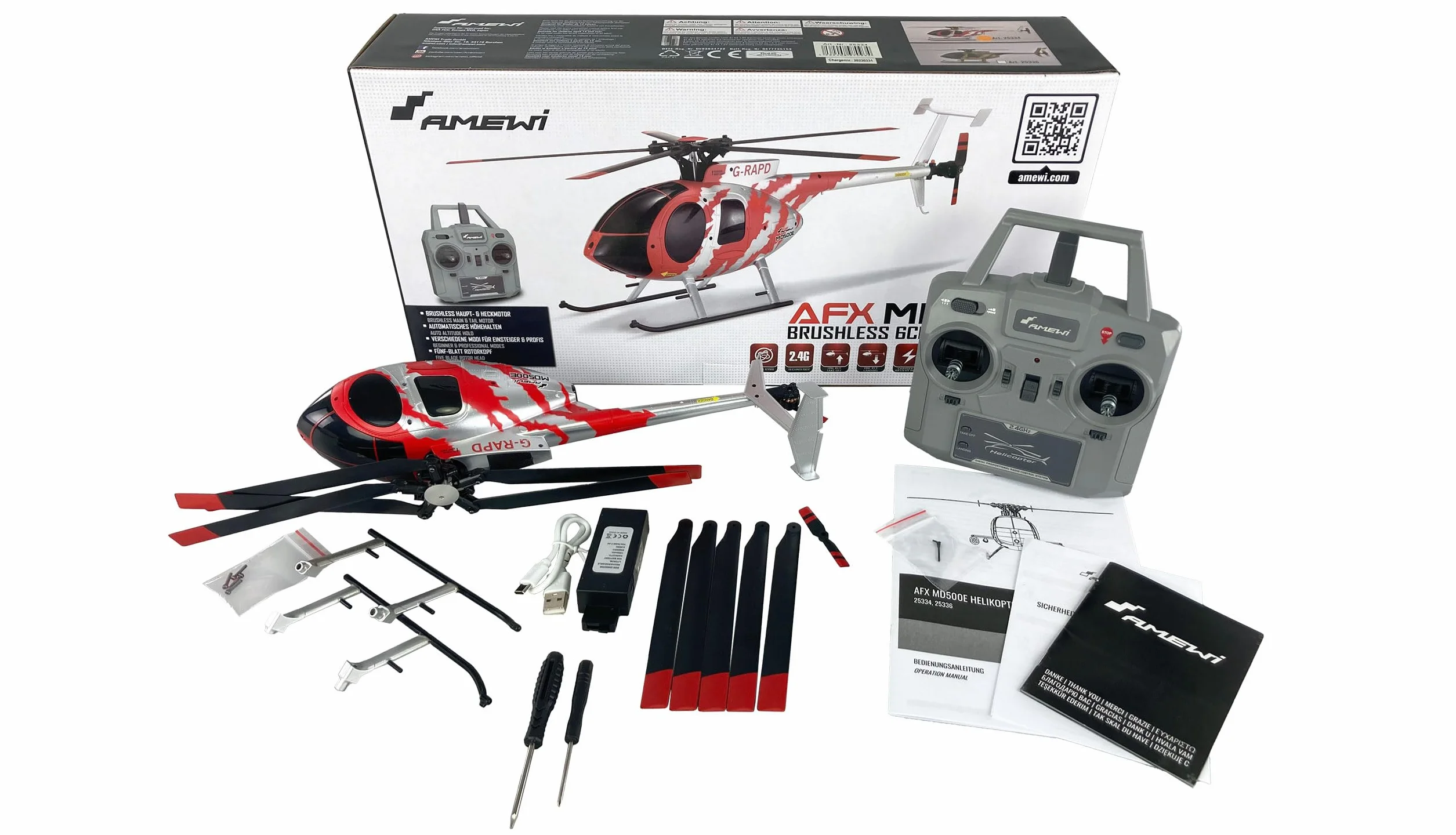 Amewi 25334 AFX MD500E Zivil Brushless 4-kanałowy helikopter 325 mm 6G RTF czerwony/srebrny