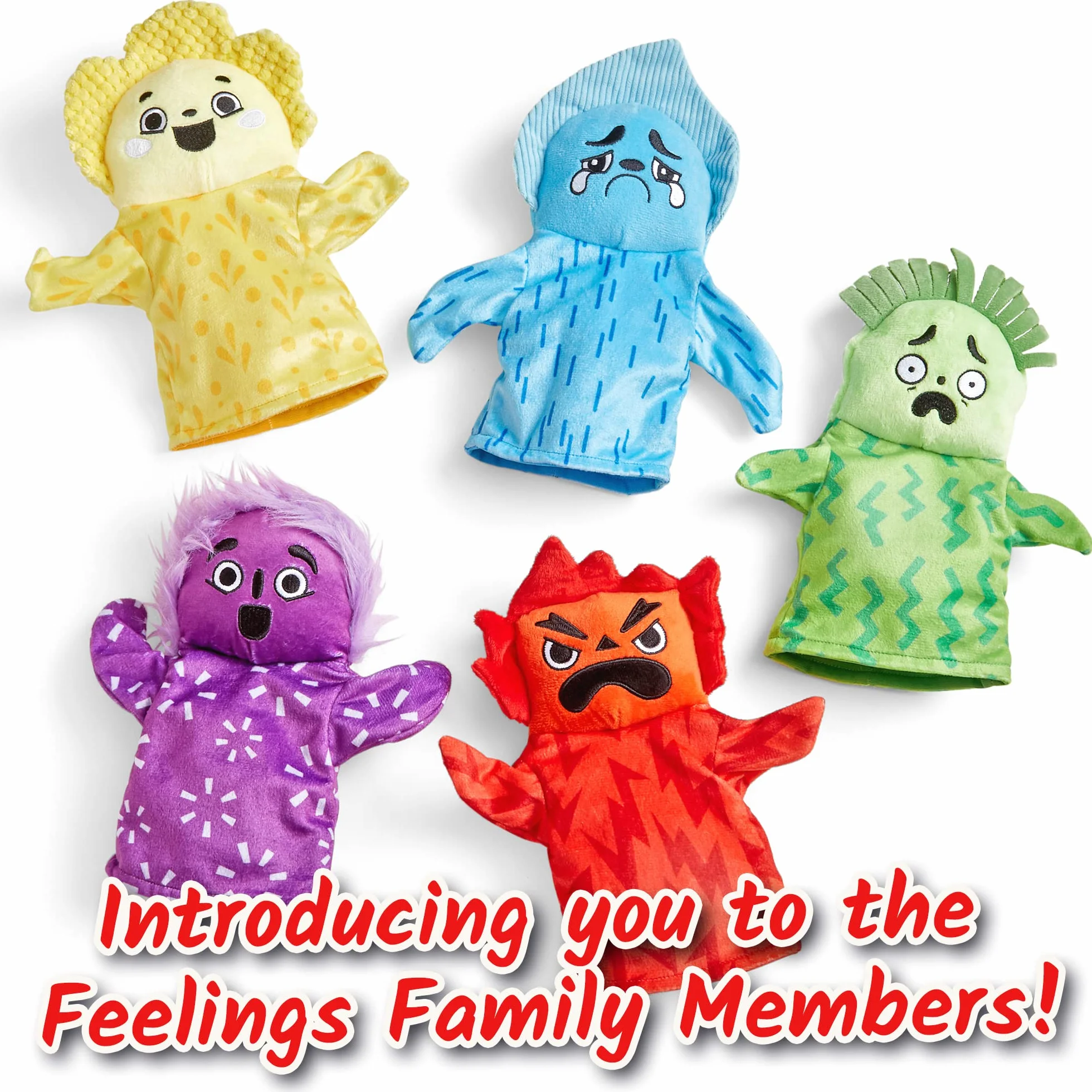 Learning Resources Zestaw Pacynek Feelings Family, Pacynki dla dzieci, Nauka o uczuciach, 5 pacynek wyrażających emocje, Radość, Smutek, Zaskoczenie, Złość i Strach