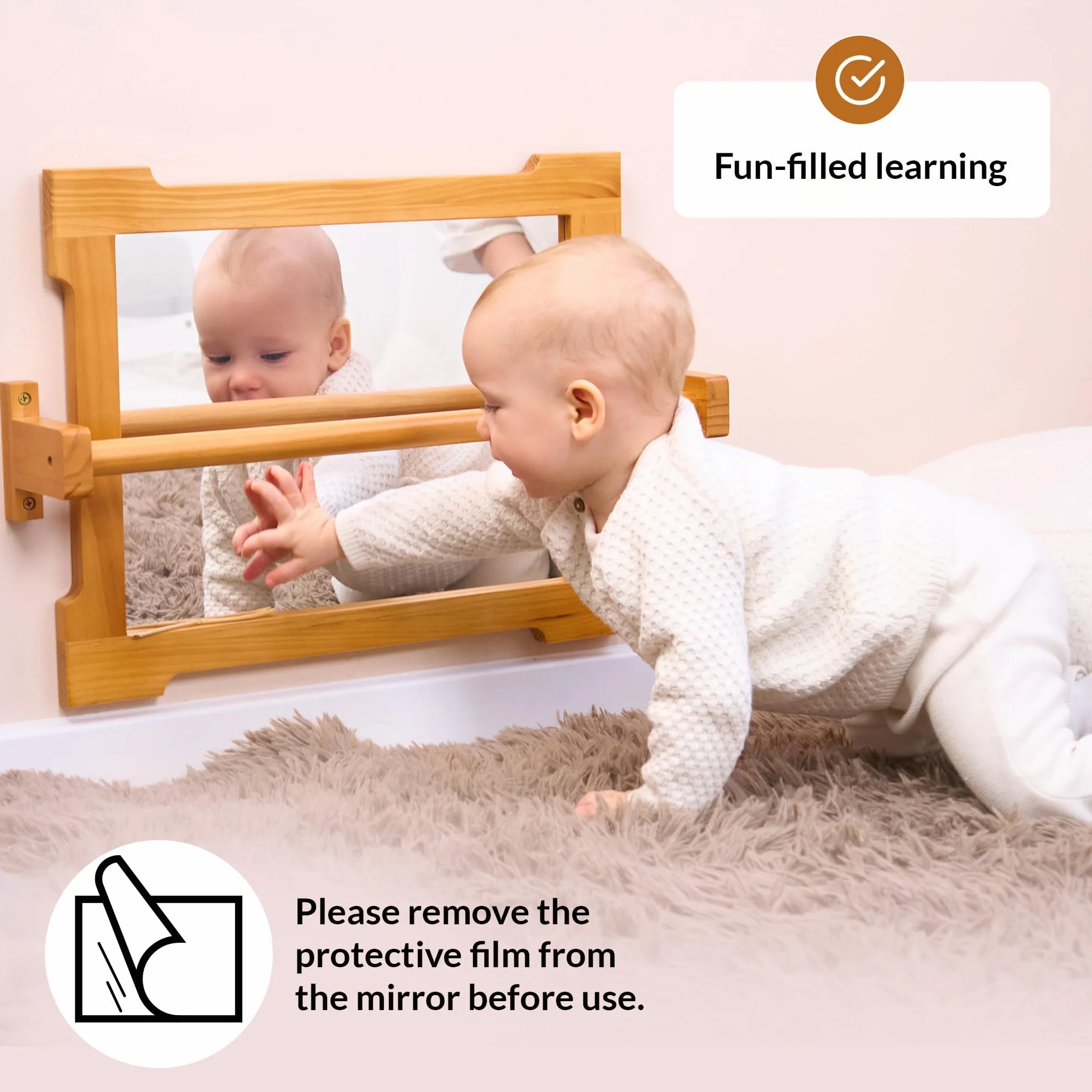 ODOXIA Montessori lustro z drążkiem dla małych dzieci | z uchwytem do stania i chodzenia | drewniana rama do motoryki i rozwoju | idealny pokój zabaw i sala lekcyjna | dla niemowląt