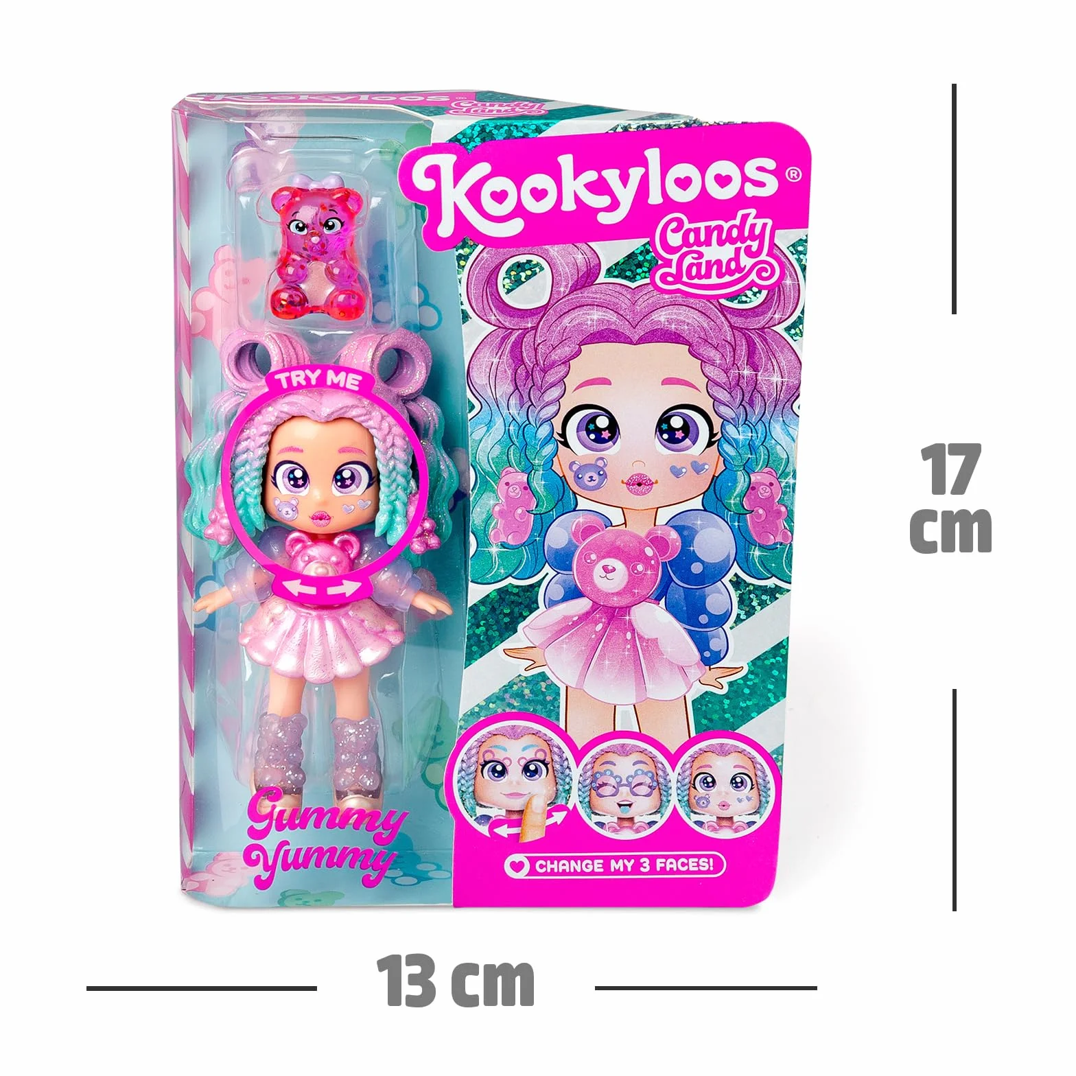 KOOKYLOOS Candy Land Series GUMMY YUMMY – laleczka do kolekcjonowania z serii Candy Land, zawartość: 1 lalka, zestaw ubrań i butów,akcesorium oraz zwierzątko,1 lalka ma 3 różne buzie!