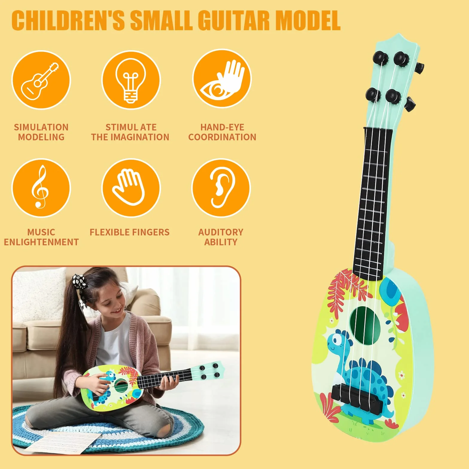 Gitara dziecięca, 37 cm, dla dzieci, mini gitara, ukulele, ukulele, instrument z 4 regulowanymi strunami, mini gitara dla małych dzieci, początkujących, chłopców, dziewczynek, prezent (styl-B)