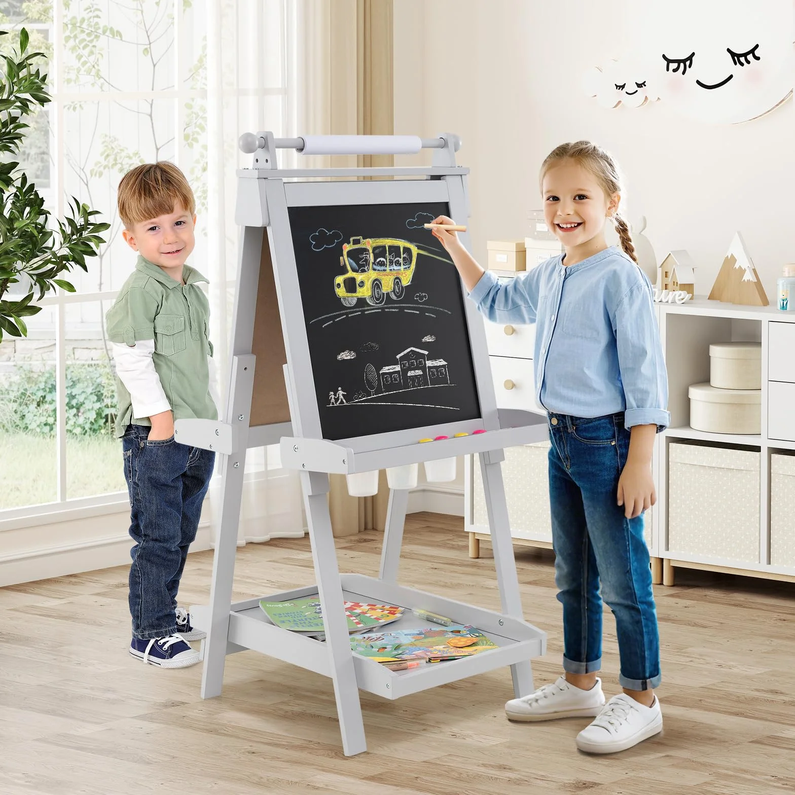 COSTWAY Tablica dla dzieci, składana sztaluga z regulacją wysokości z białą tablicą i tablicą magnetyczną, dwustronna tablica dziecięca z rolką papierową i 3 miseczkami do malowania, składana tablica