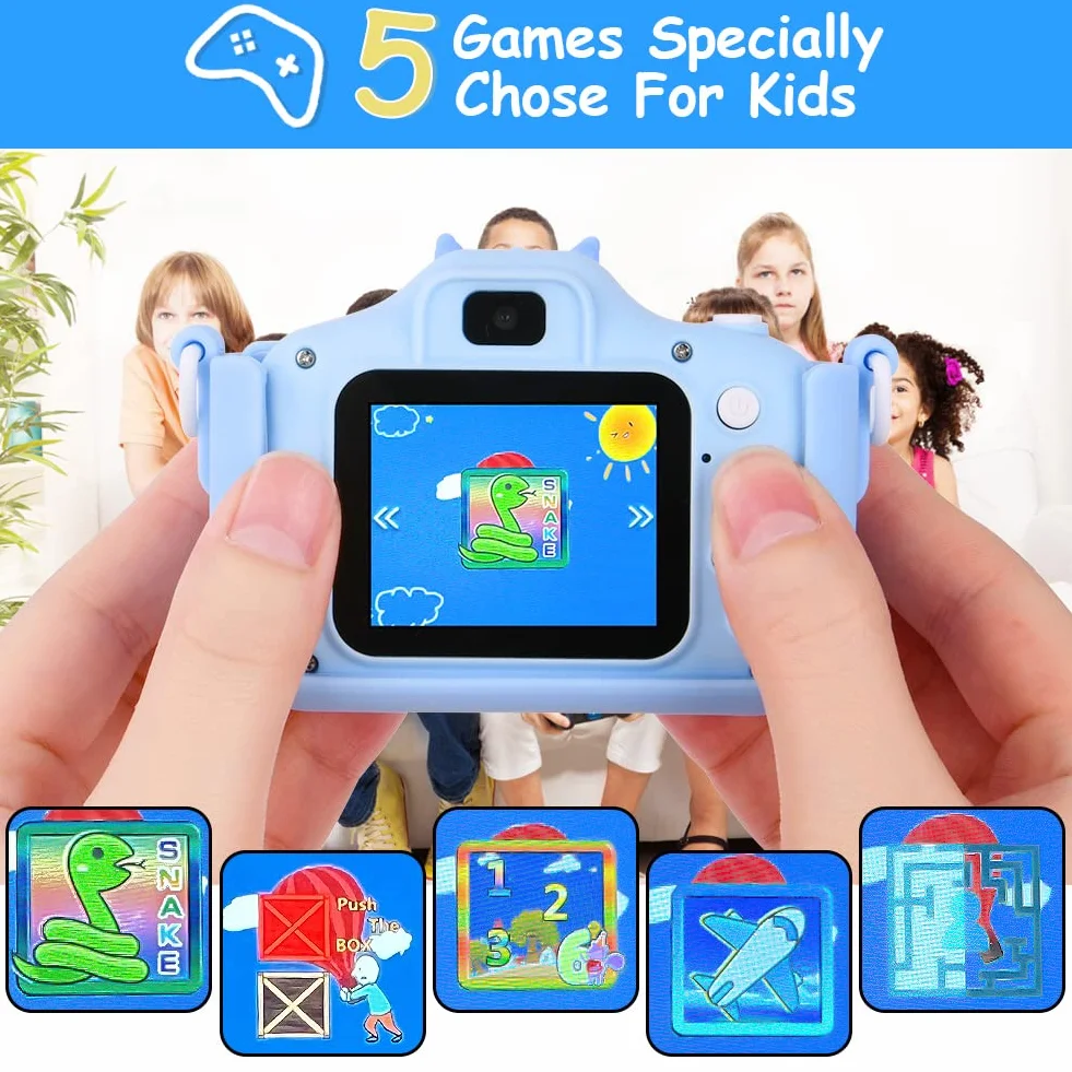OSDUE Aparat dla dzieci,2.0-calowy wyświetlacz Aparat cyfrowy dla dzieci,1080P HD Wbudowana karta SD 32 GB Selfie Cyfrowy aparat fotograficzny,prezent urodzinowy na lata Zabawka dla dzieci (niebieska)